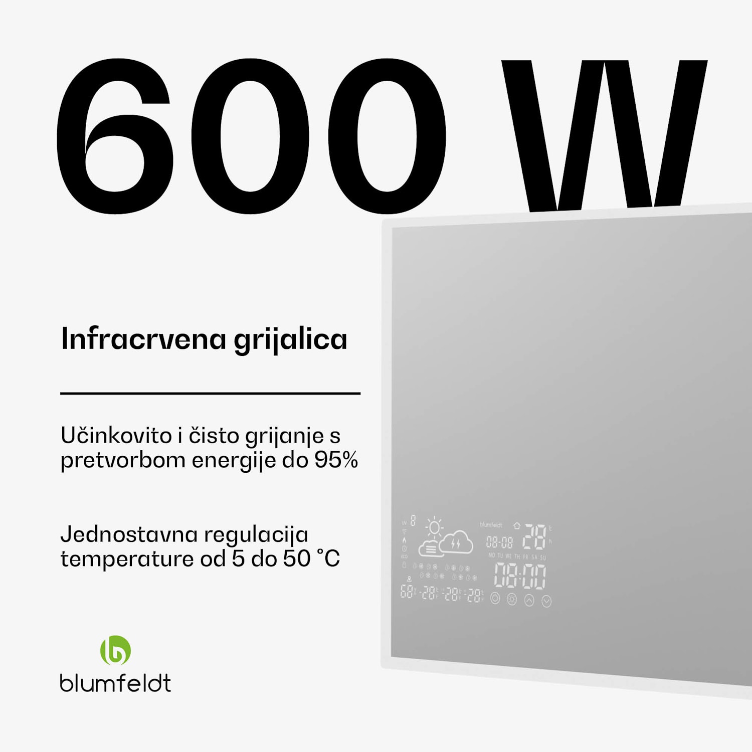 Infracrveni grijač, Pametno ogledalo, Infracrveno zračenje, 600 W, IP44 120 x 60 cm | 600 W