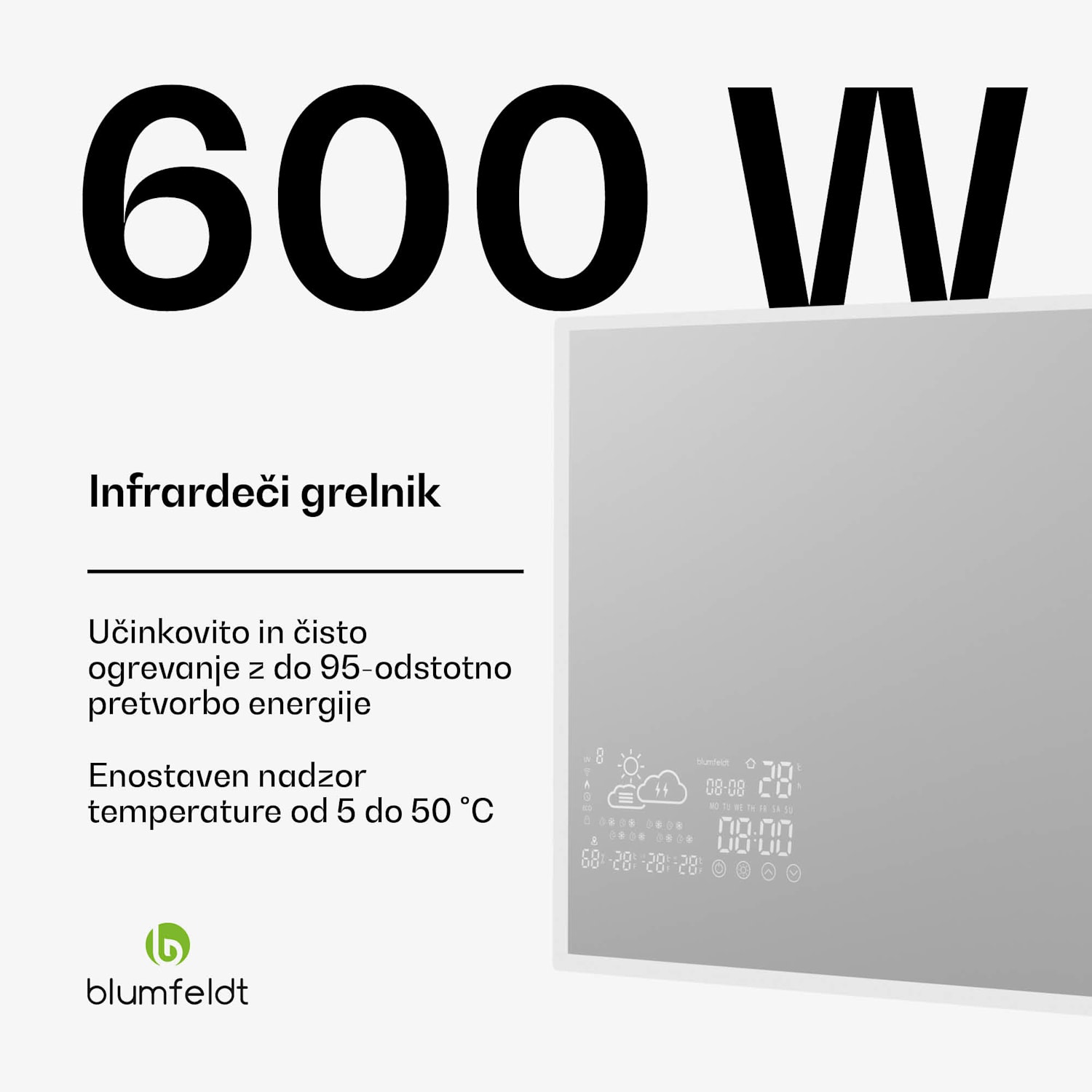 Infrardeči grelnik, Smart Mirror, Infrardeče sevanje, 600 W, IP44 