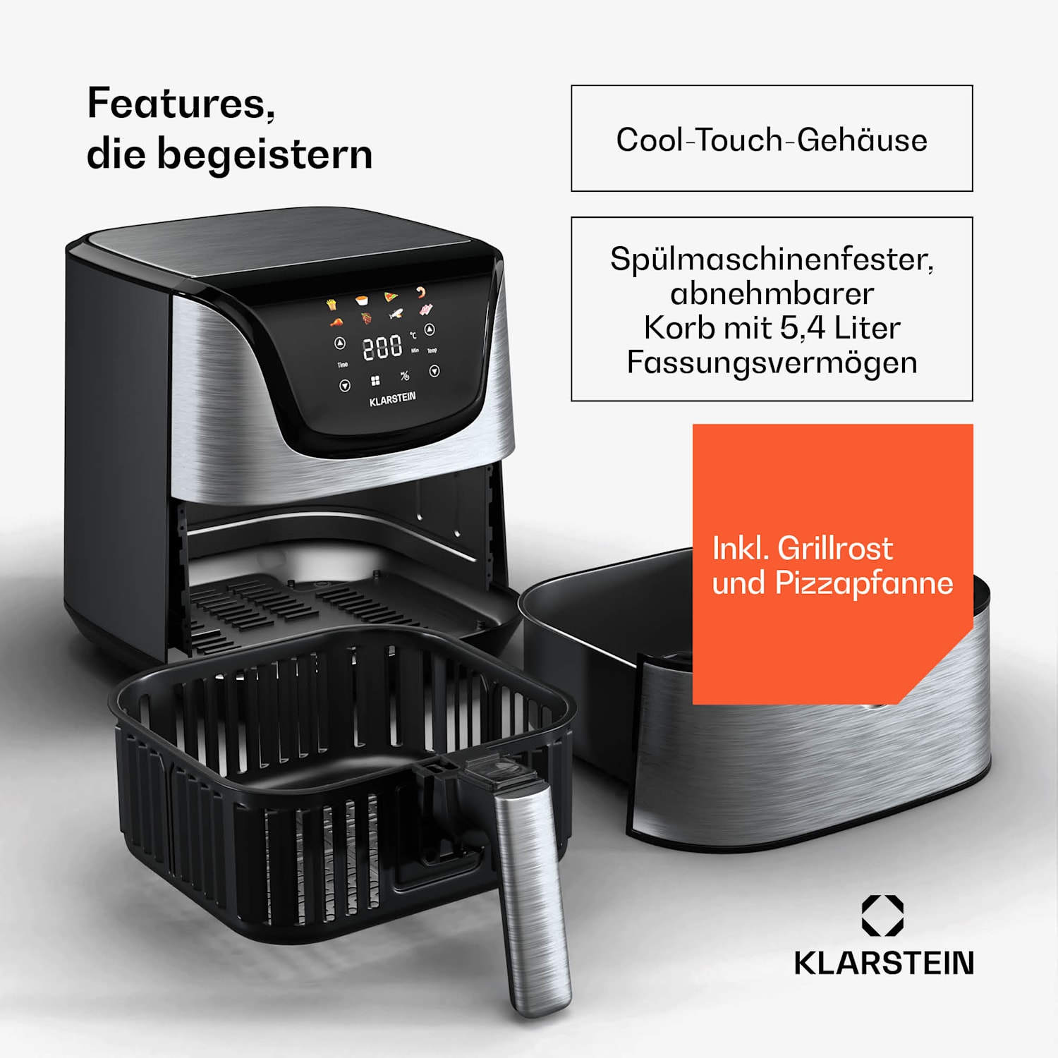 AeroVital Deluxe Friggitrice ad aria calda | 1700 W | 8 funzioni | incl. accessori | 200°C | Timer Deluxe Color Touch | Acciaio inox