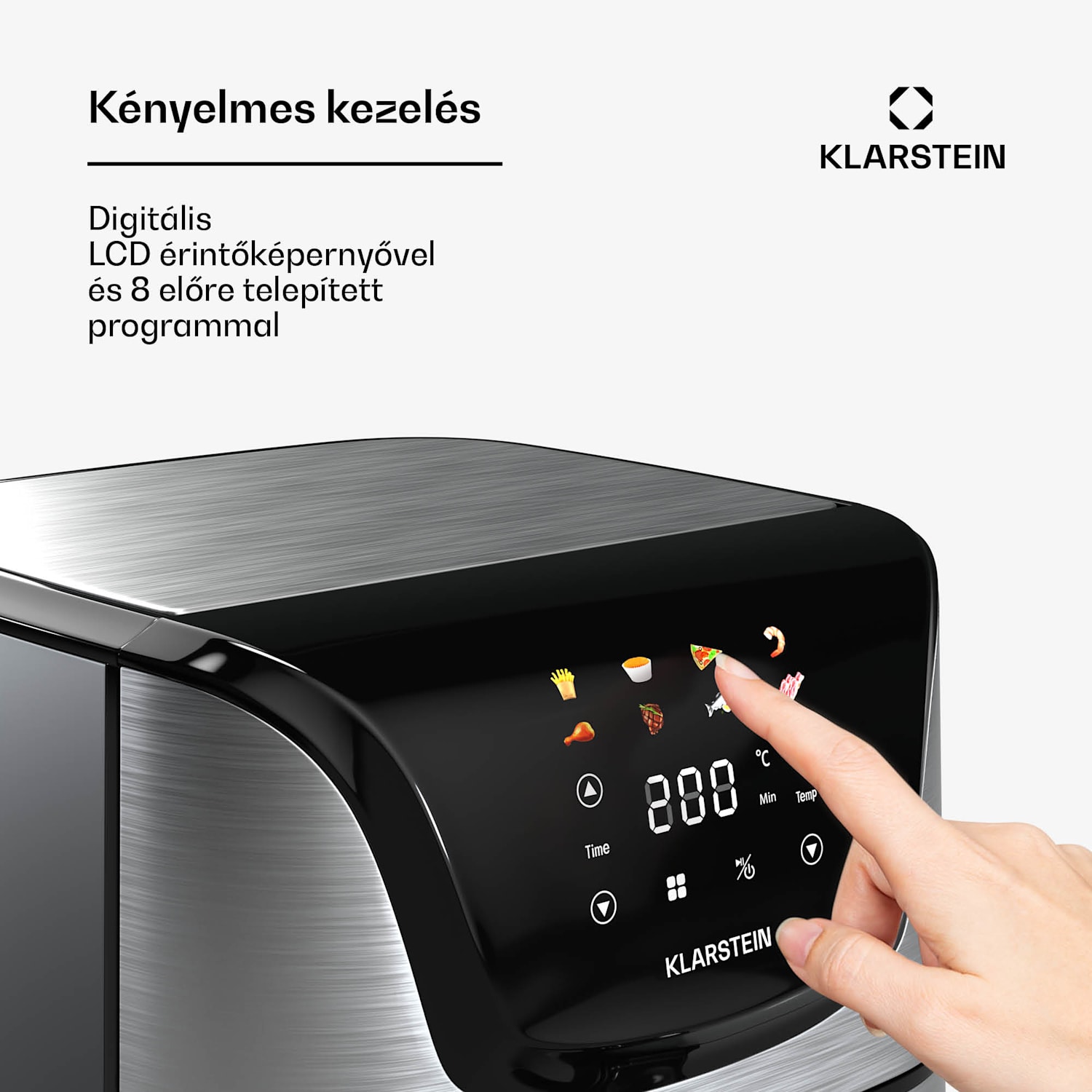 AeroVital Deluxe forrólevegős fritőz, 1700 W, 8 program, tartozékokkal együtt, 200°C, Időzítő Deluxe Color Touch | Rozsdamentes acél