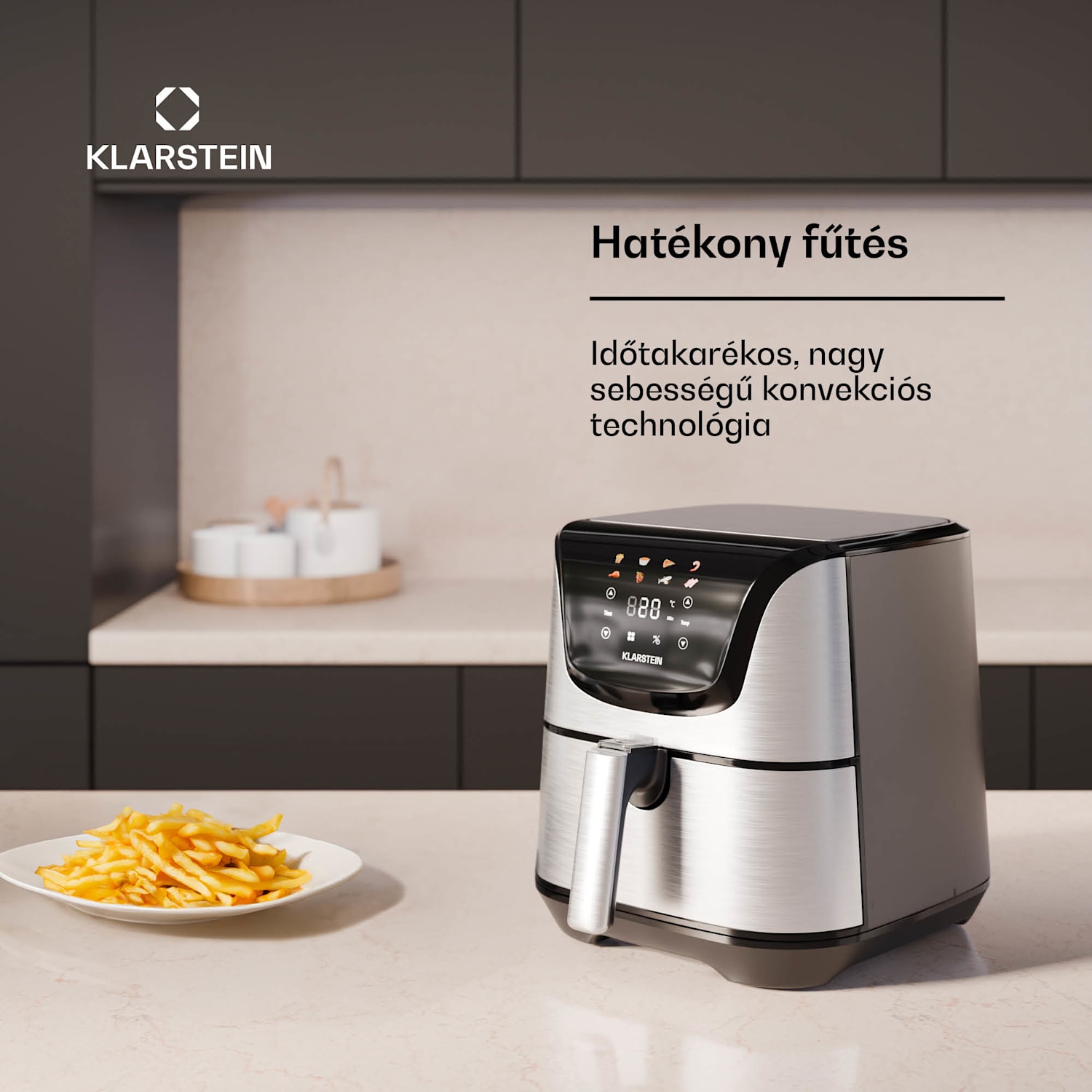 AeroVital Deluxe forrólevegős fritőz, 1700 W, 8 program, tartozékokkal együtt, 200°C, Időzítő Deluxe Color Touch | Rozsdamentes acél