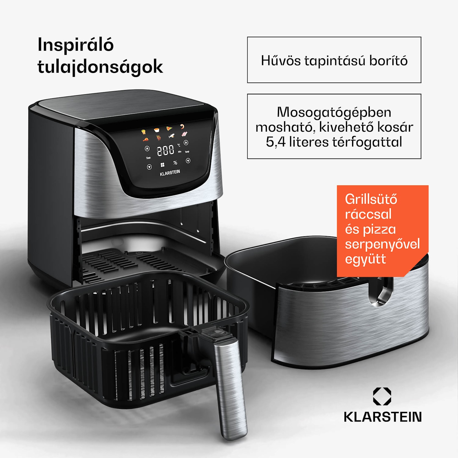 AeroVital Deluxe forrólevegős fritőz, 1700 W, 8 program, tartozékokkal együtt, 200°C, Időzítő Deluxe Color Touch | Rozsdamentes acél