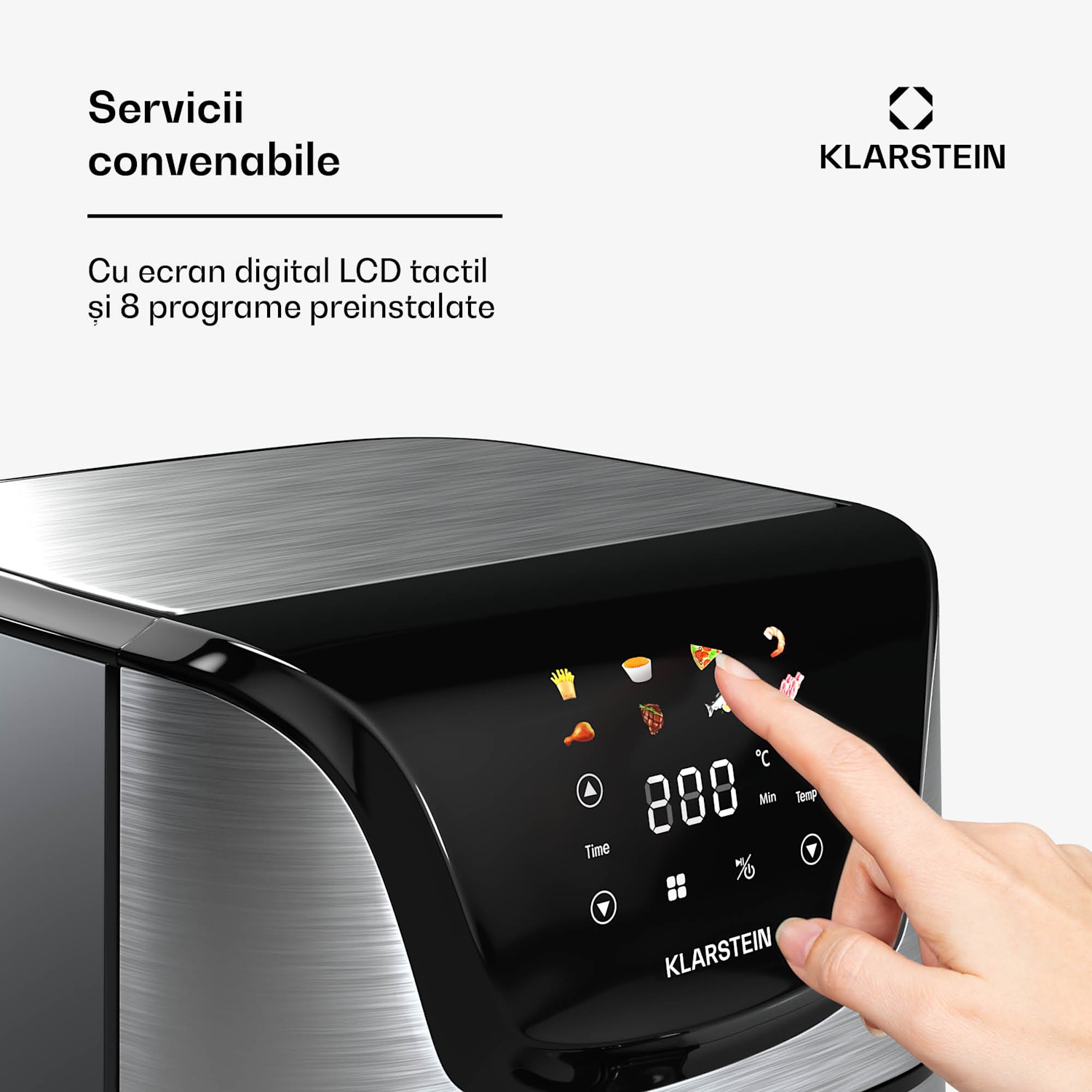 AeroVital Deluxe Hot Air Fryer, 1700 W, inclusiv accesorii, 8 programe, inclusiv accesorii, 200°C, Cronometru Deluxe Color Touch | Oțel inoxidabil