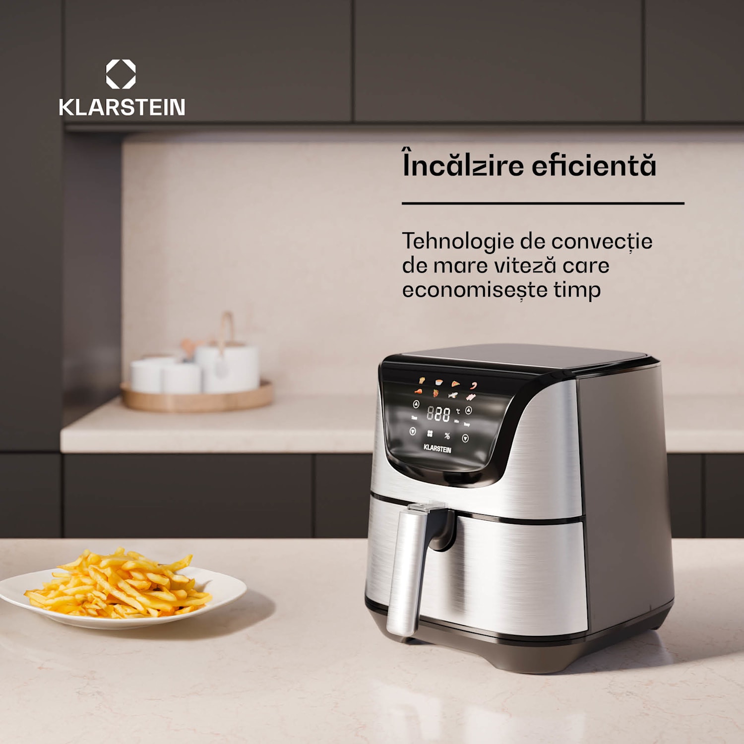 AeroVital Deluxe Hot Air Fryer, 1700 W, inclusiv accesorii, 8 programe, inclusiv accesorii, 200°C, Cronometru Deluxe Color Touch | Oțel inoxidabil