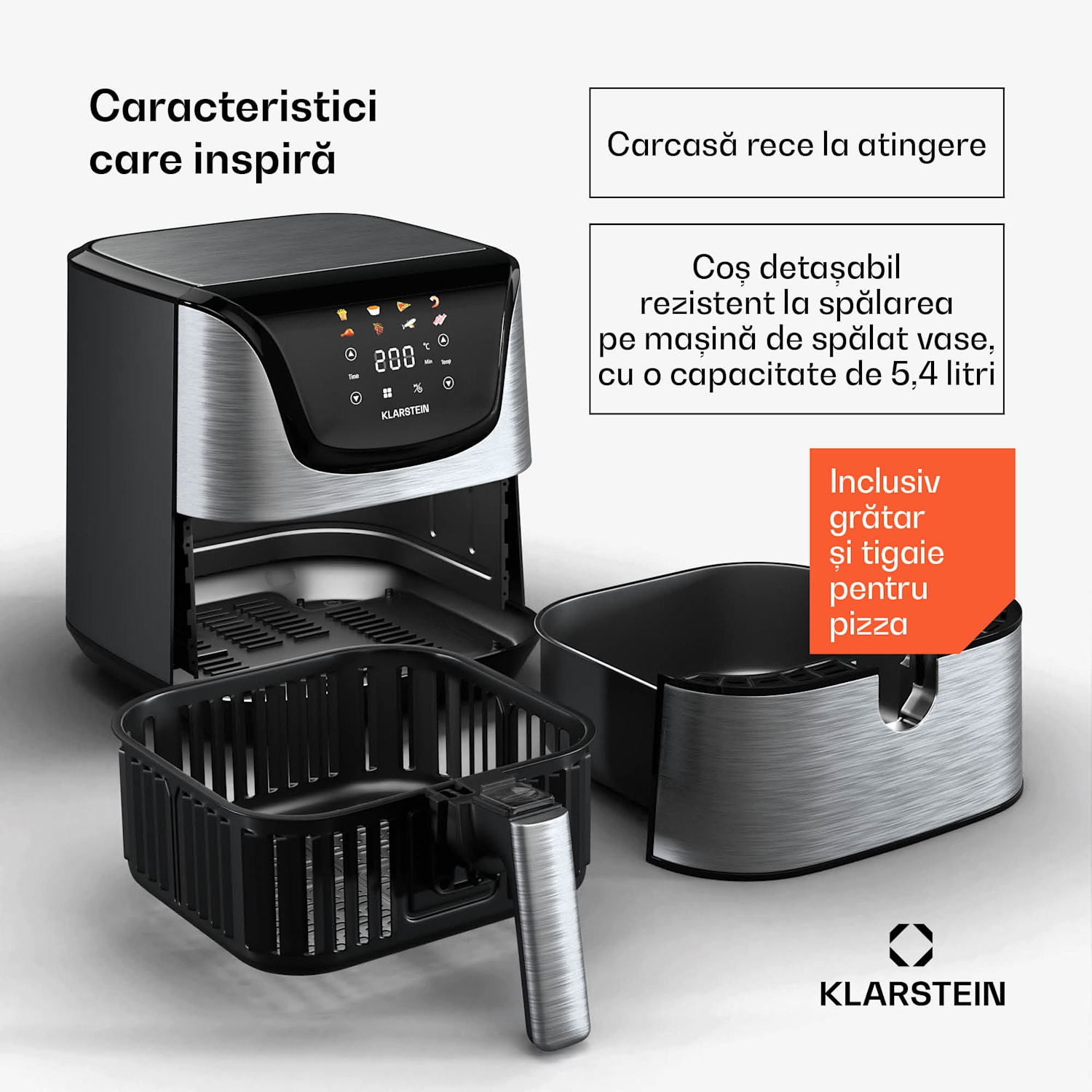 AeroVital Deluxe Hot Air Fryer, 1700 W, inclusiv accesorii, 8 programe, inclusiv accesorii, 200°C, Cronometru Deluxe Color Touch | Oțel inoxidabil