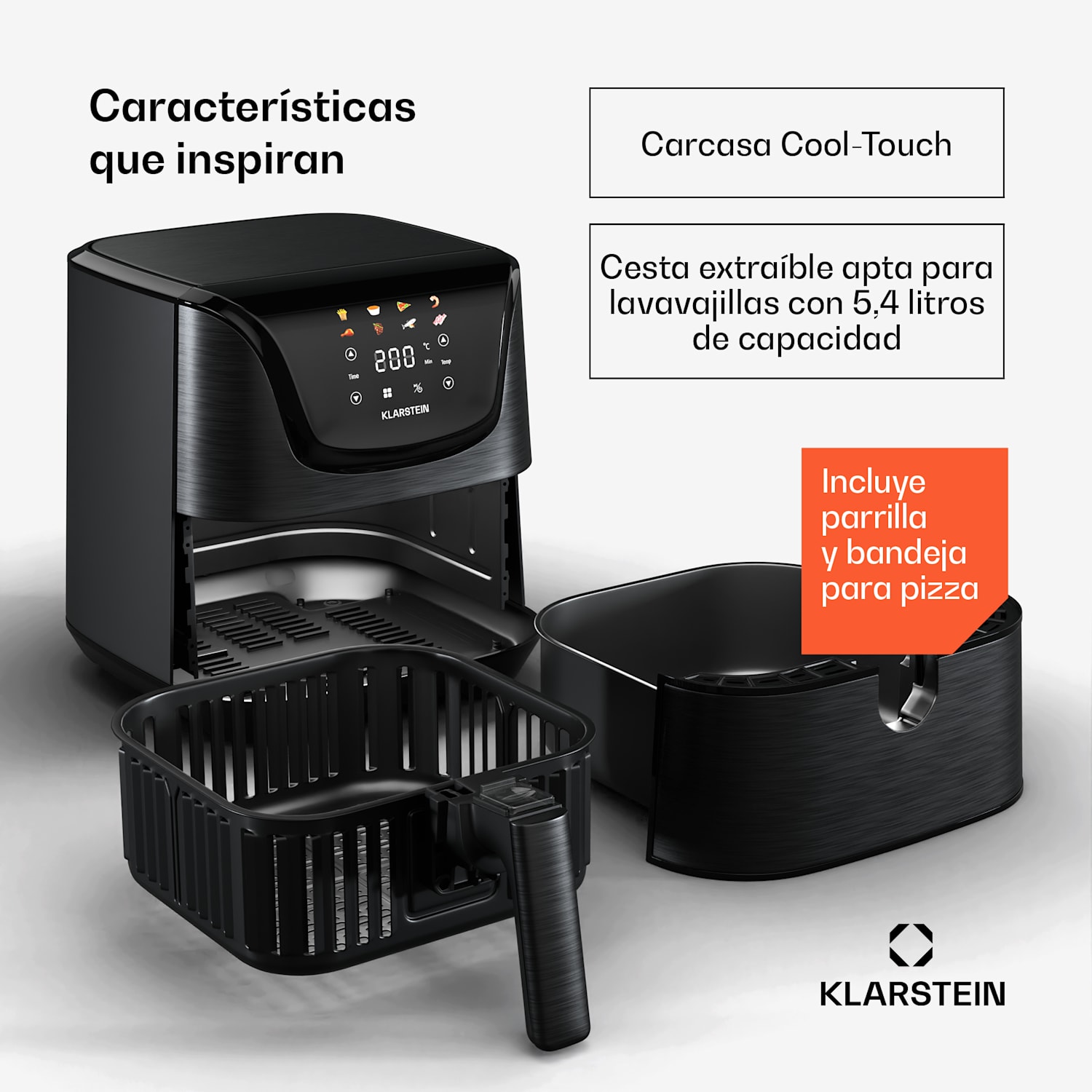 AeroVital Deluxe Freidora sin aceite | 1700 W | 8 funciones | Incl. accesorios | 200 °C | Temporizador Deluxe Color Touch | Negro