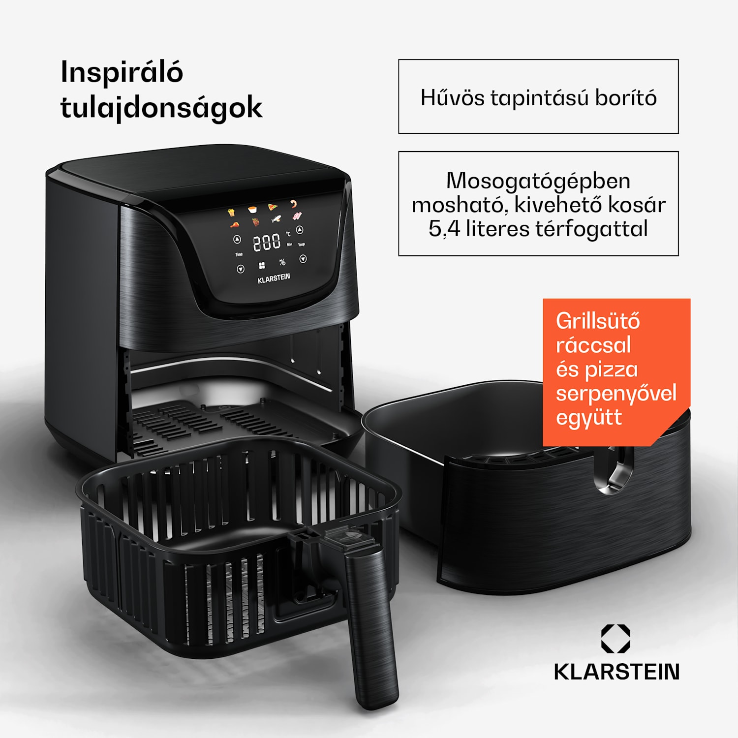 AeroVital Deluxe forrólevegős fritőz, 1700 W, 8 program, tartozékokkal együtt, 200°C, Időzítő Deluxe Color Touch | Fekete