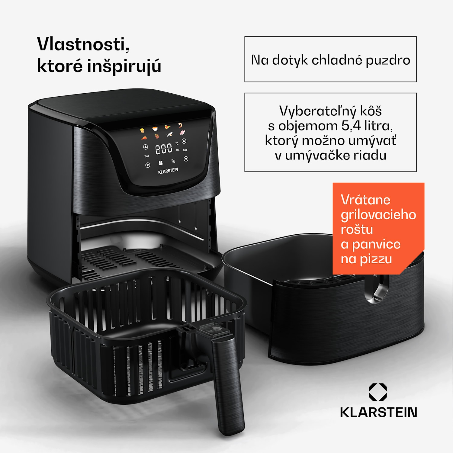 AeroVital Deluxe teplovzdušná fritéza, 1700 W, 8 programov, vrátane príslušenstva, 200°C, Časovač Deluxe Color Touch | Čierna