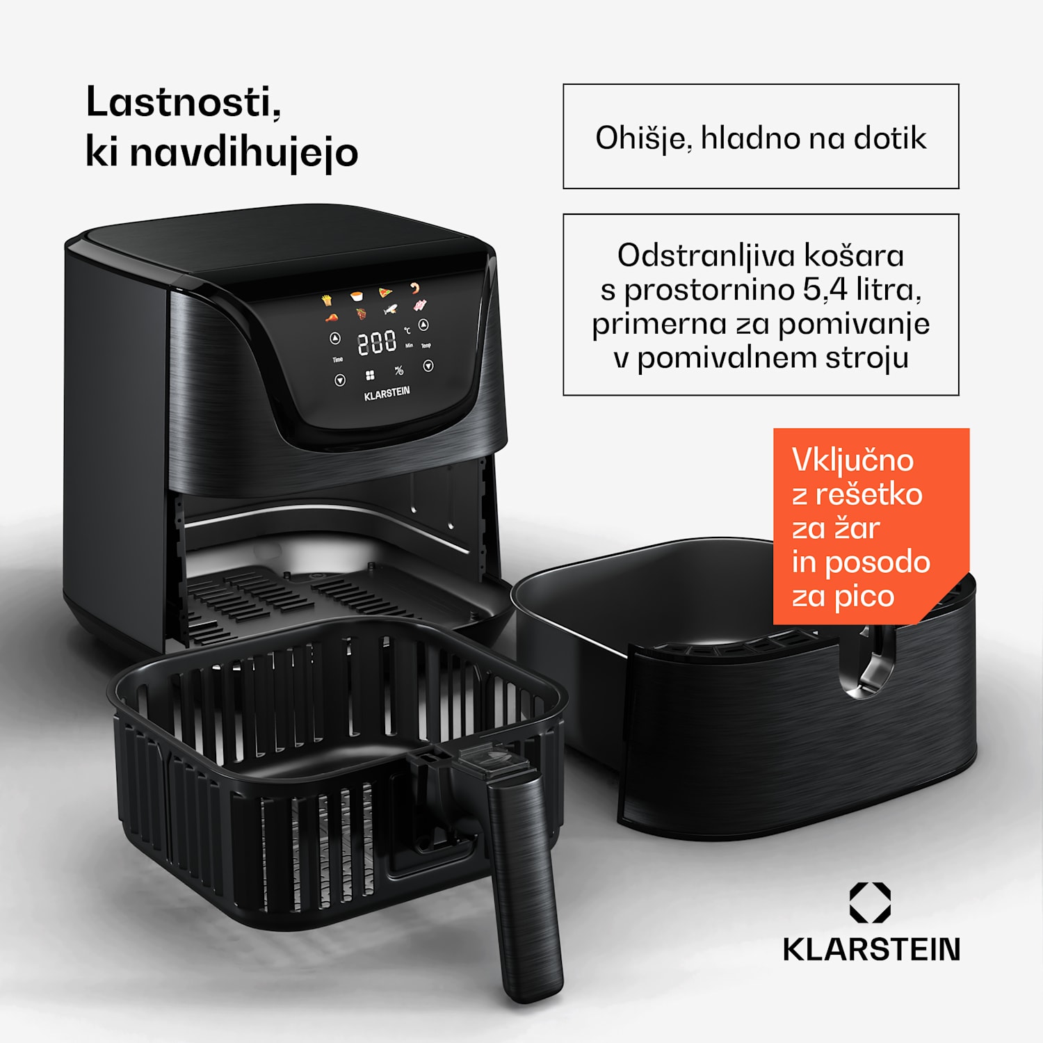 AeroVital Deluxe toplozračna friteza, 1700 W, 8 programov, vključno z dodatki, 200°C, Časovnik Deluxe Color Touch | Črna