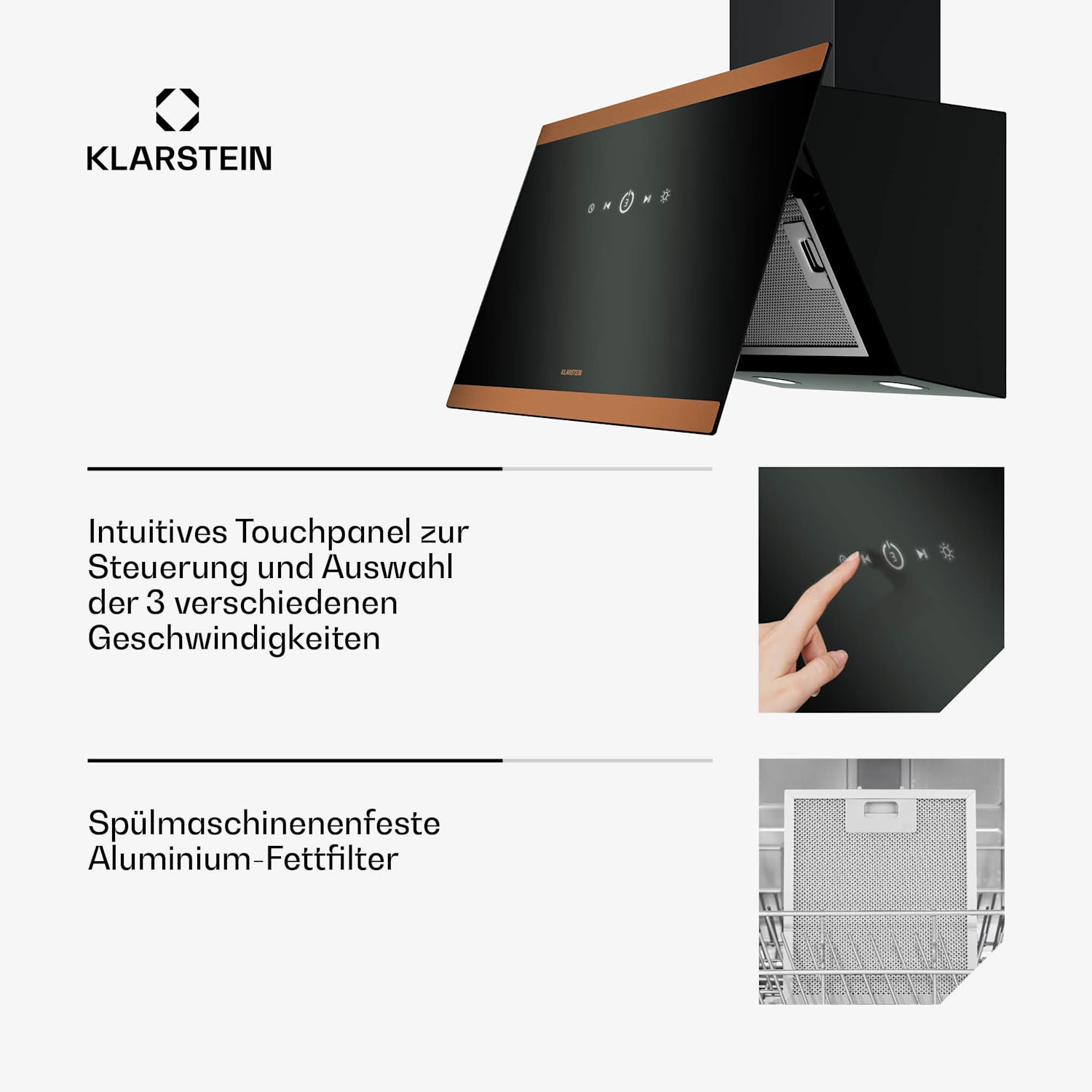 FlashLine 60 Hotte aspirante | A++ | 524 m³/h | 3 vitesses | tactile | Air extrait/recyclé | 100 W 60 cm | Noir | Cuivre Métallisé