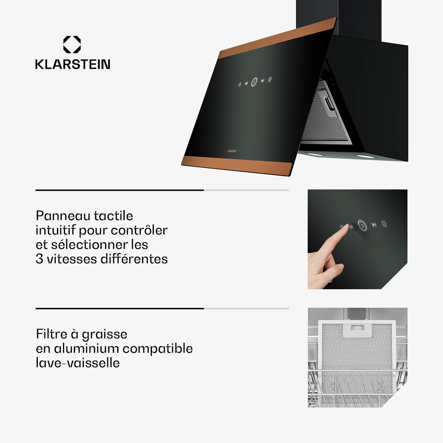 FlashLine 60 afzuigkap | A++ | 524 m³/h | 3 standen | touch | afvoer/circulatie | 100 W 60 cm | Zwart | Koper Metallic