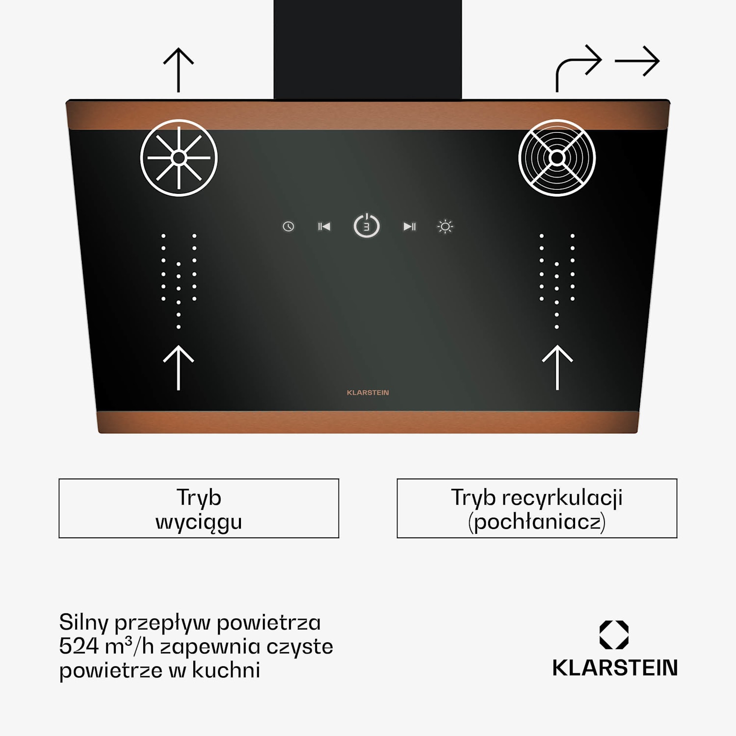 FlashLine 60 okap wyciągowy, A++, 524 m³/h, 3 stopnie, ekran dotykowy, tryb otwarty/zamknięty, 100 W 60 cm | Czarny | Miedź metaliczna