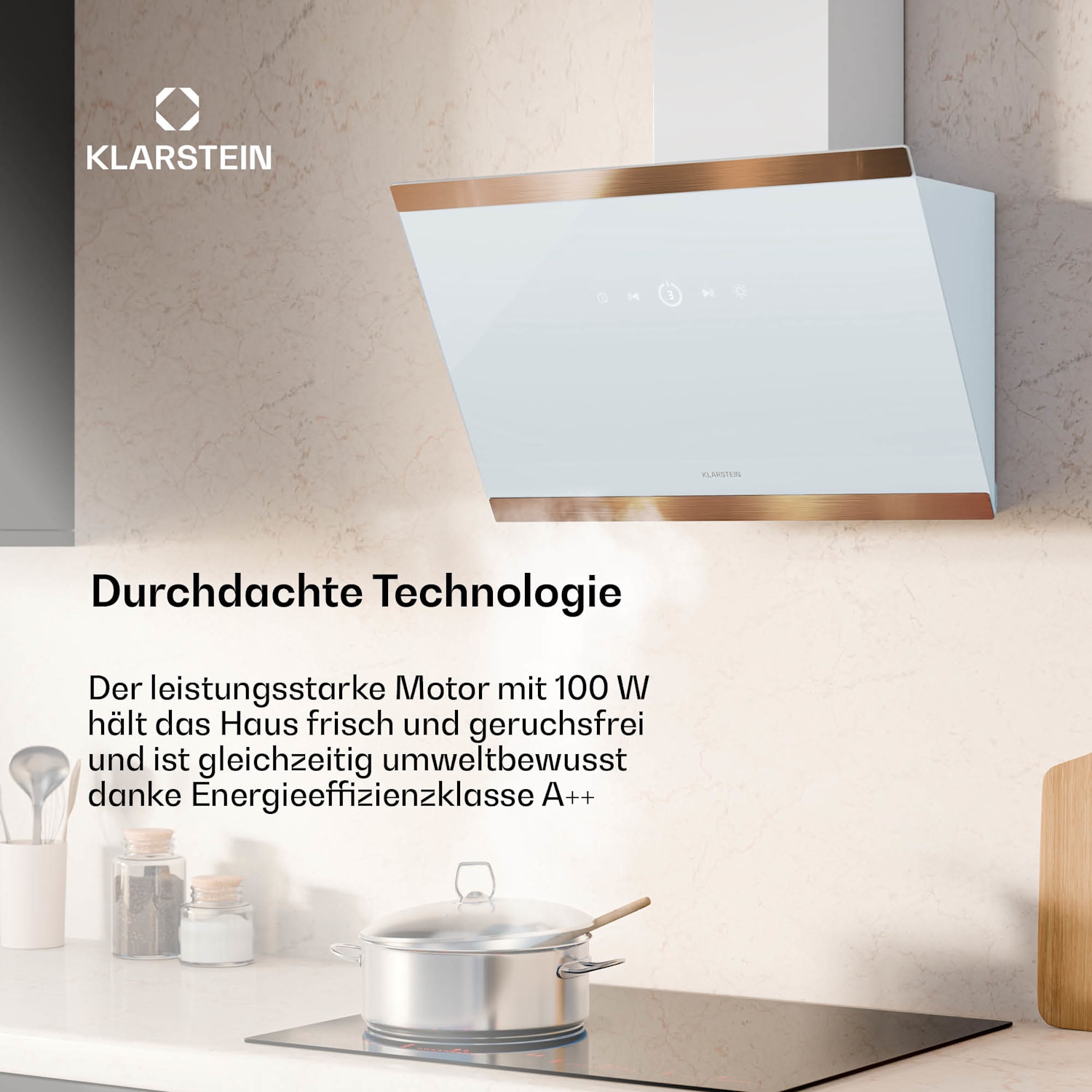 FlashLine 60 Dunstabzugshaube | A++ | 524 m³/h | 3 Stufen | Touch | Abluft/Umluft | 100 W 60 cm | Weiß | Kupfer-Metallic