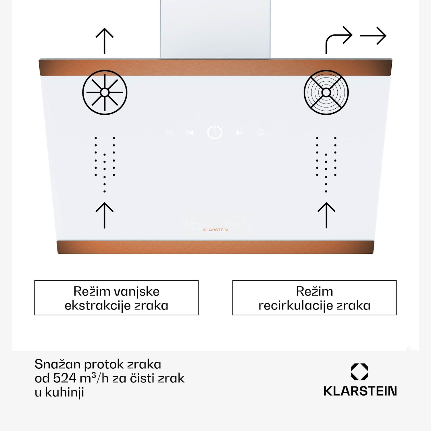 FlashLine 60 napa, A++, 524 m³/h, 3 razine, dotaknuti, tiho, LED, ekstrakcija/recirkulacija, 100 W 60 cm | Bijela | Bakar metalik