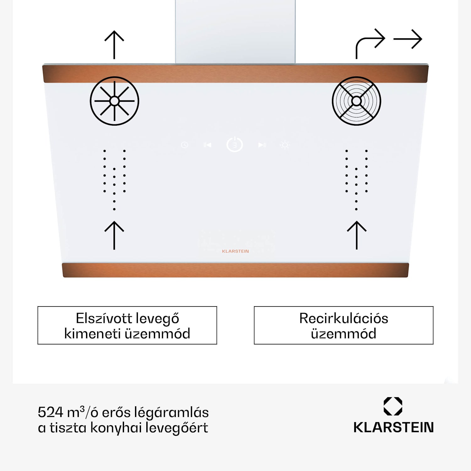 FlashLine 60 páraelszívó, A++, 524 m³/h, 3 szint, érintős, csendes, LED, elszívás/recirkuláció, 100 W 60 cm | Fehér | Réz fém