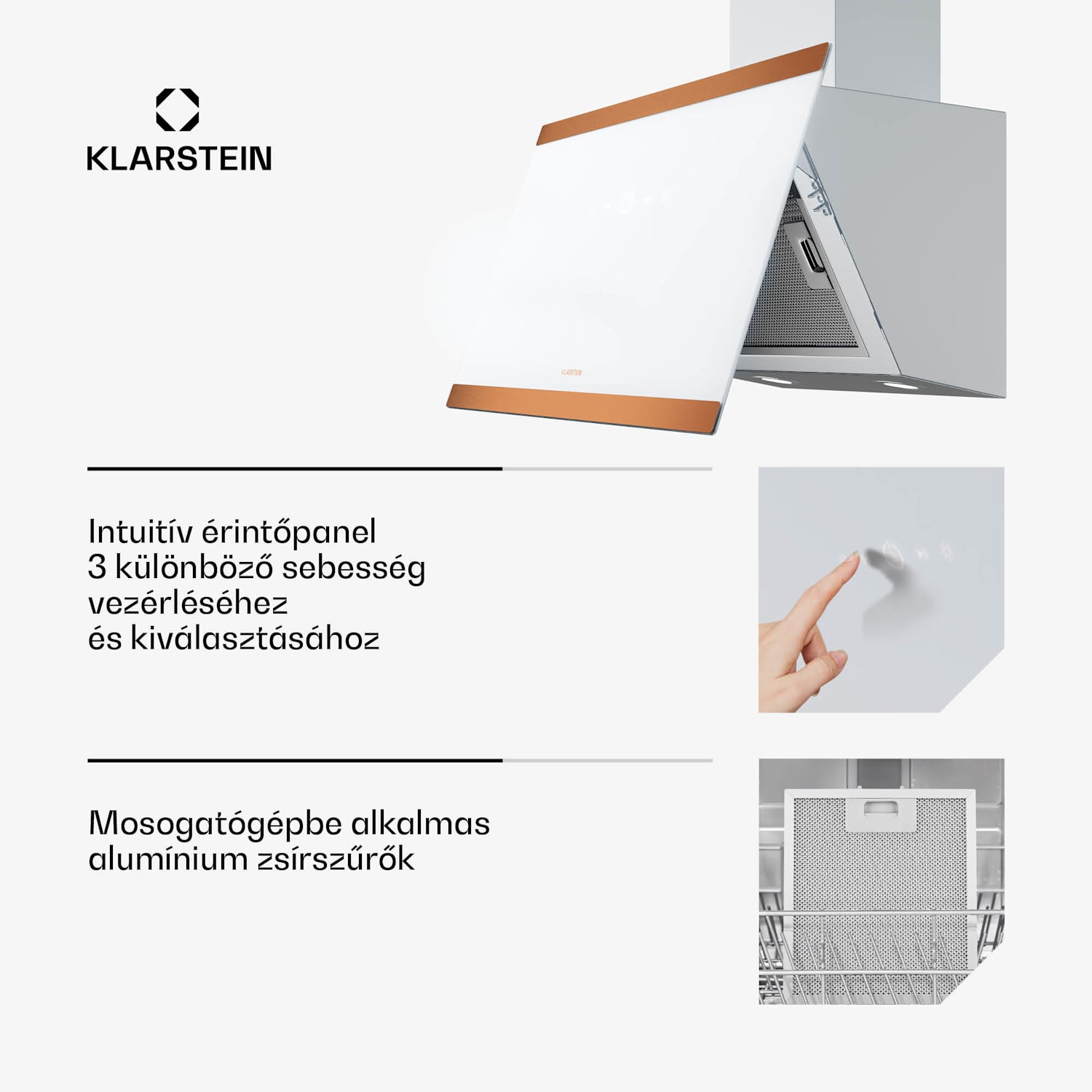 FlashLine 60 páraelszívó, A++, 524 m³/h, 3 szint, érintős, csendes, LED, elszívás/recirkuláció, 100 W 60 cm | Fehér | Réz fém