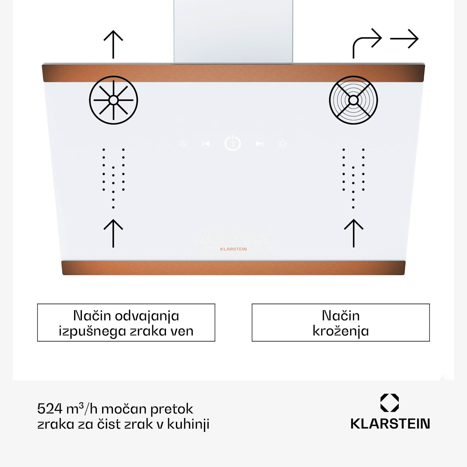 FlashLine 60 kuhinjska napa, A++, 524 m³/h, 3 stopnje, dotik, tiho, LED, ekstrakcija/recirkulacija, 100 W 60 cm | Bela | Kovinski baker