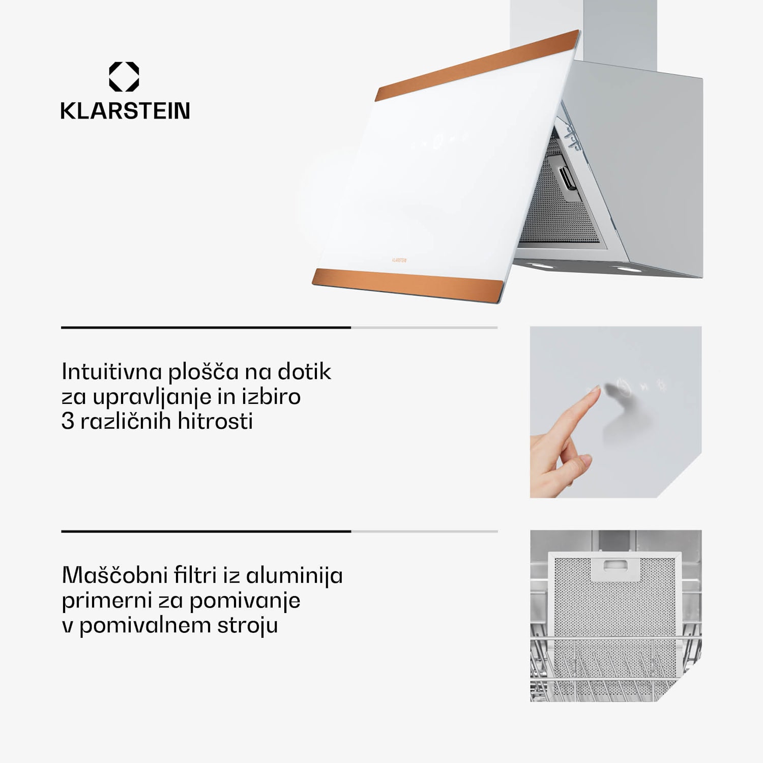 FlashLine 60 kuhinjska napa, A++, 524 m³/h, 3 stopnje, dotik, tiho, LED, ekstrakcija/recirkulacija, 100 W 60 cm | Bela | Kovinski baker