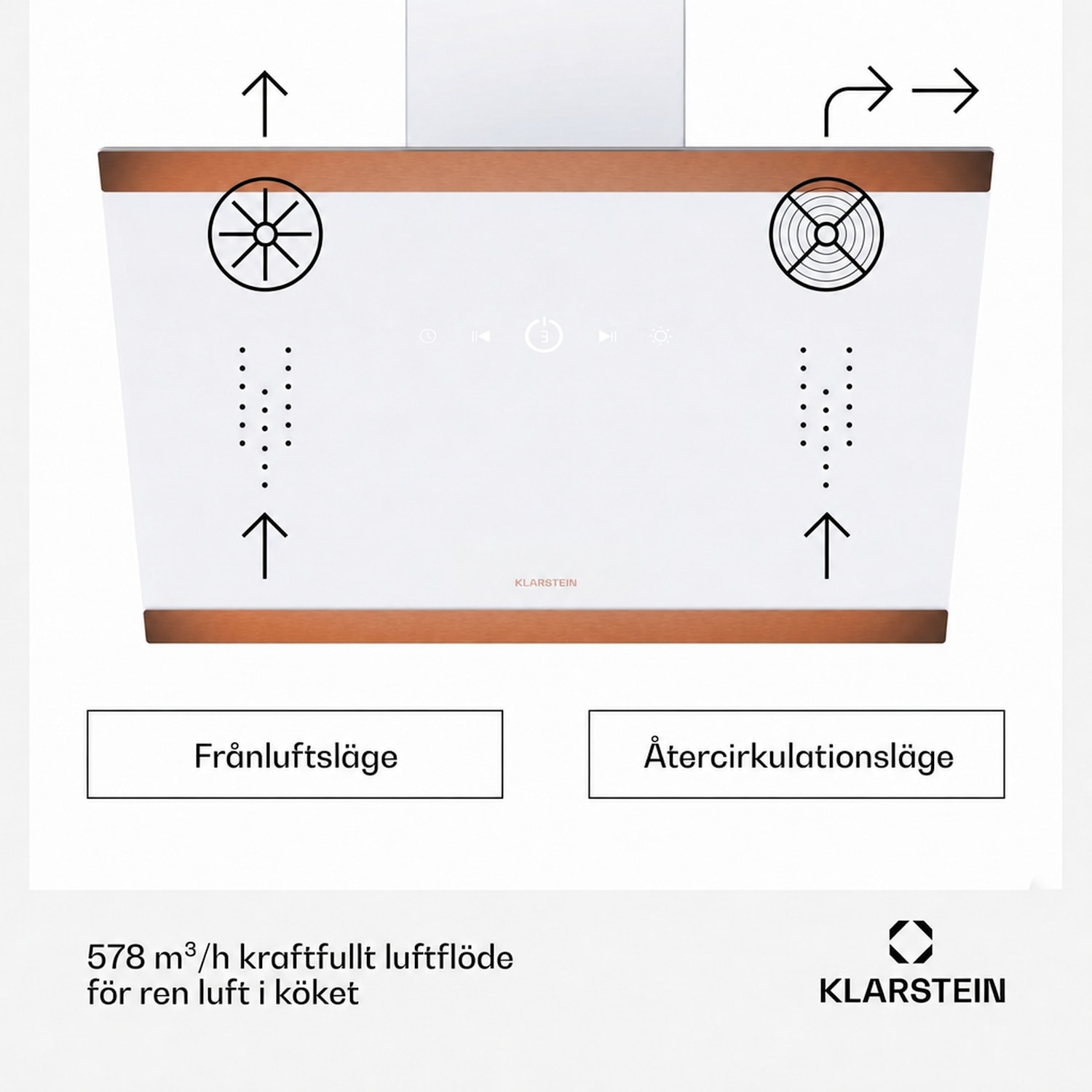 FlashLine 60 Köksfläkt | A++ | 578 m³/h | 3 nivåer | touchkontroll | frånluft/cirkulationsluft | 100 W 60 cm | Vit | Koppar