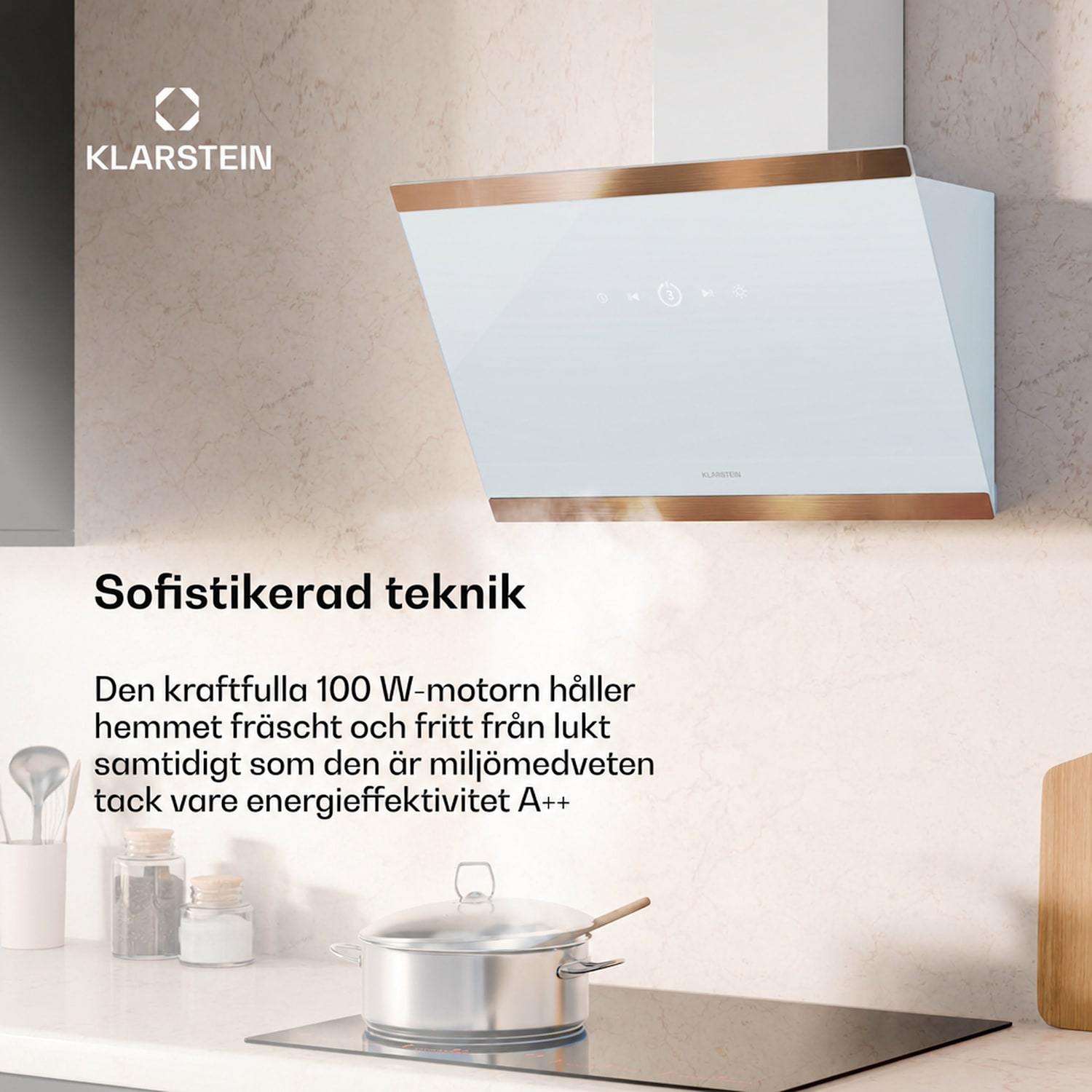 FlashLine 60 Köksfläkt | A++ | 578 m³/h | 3 nivåer | touchkontroll | frånluft/cirkulationsluft | 100 W 60 cm | Vit | Koppar