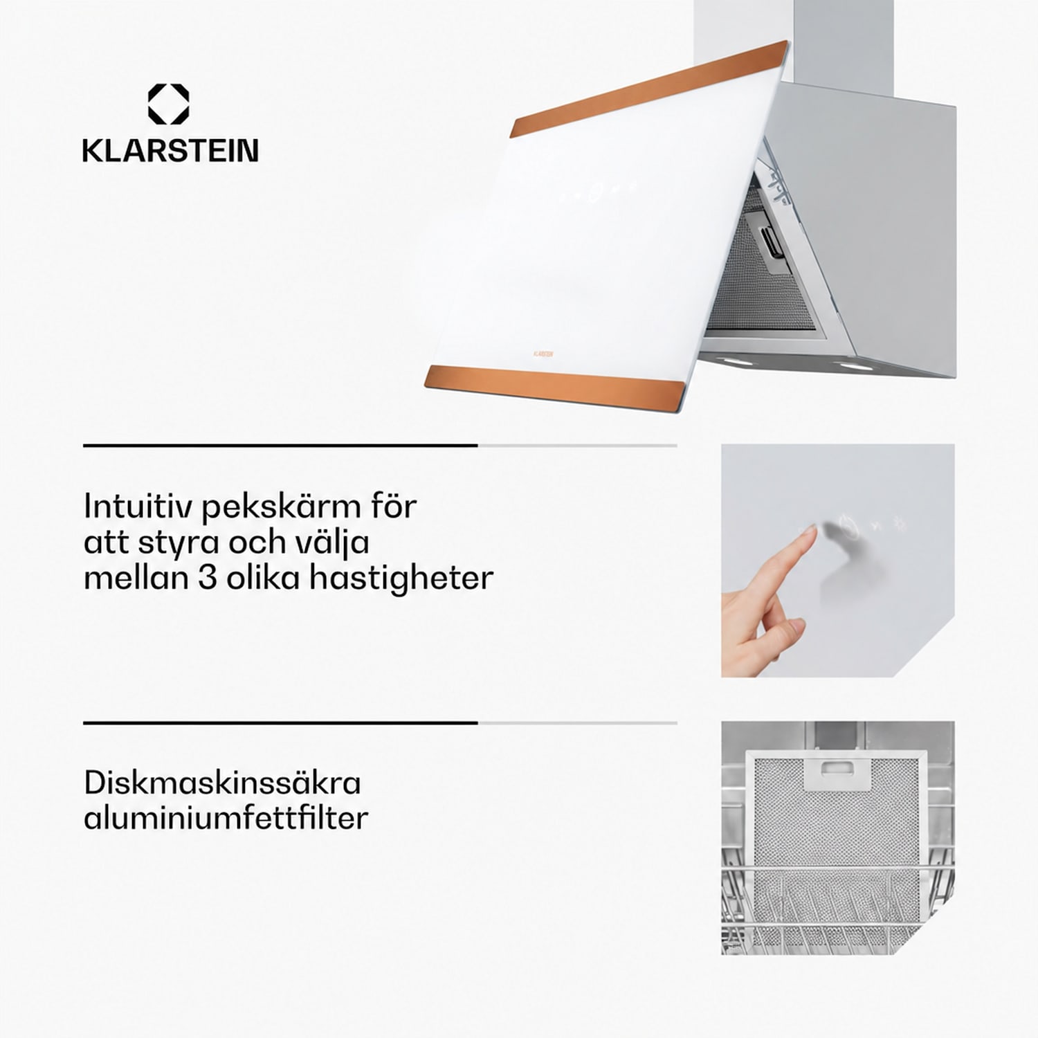 FlashLine 60 Köksfläkt | A++ | 578 m³/h | 3 nivåer | touchkontroll | frånluft/cirkulationsluft | 100 W 60 cm | Vit | Koppar