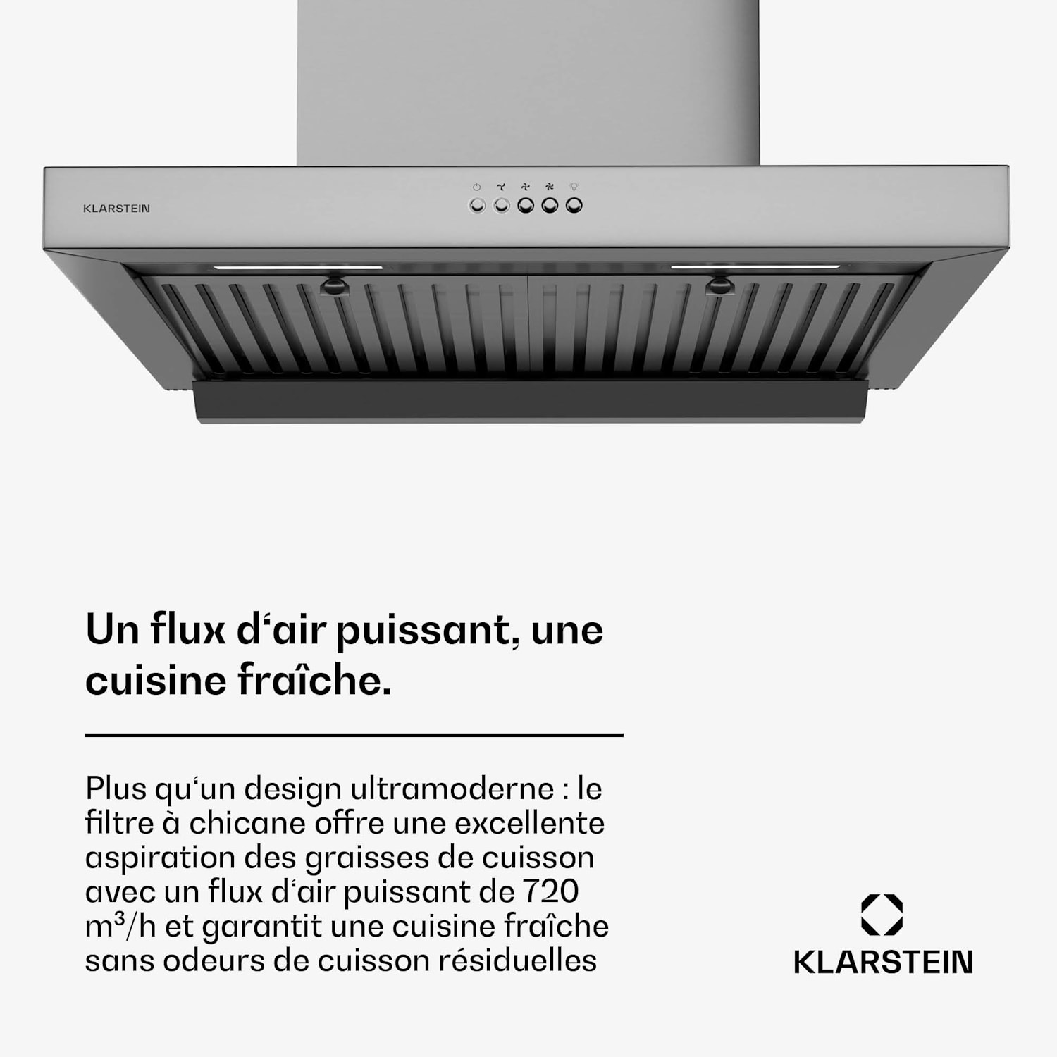 AeroClean afzuigkap | 649,9 m³/h | 4 standen | EEK A++ | afvoer/recirculatie 60 cm | Roestvrij Staal