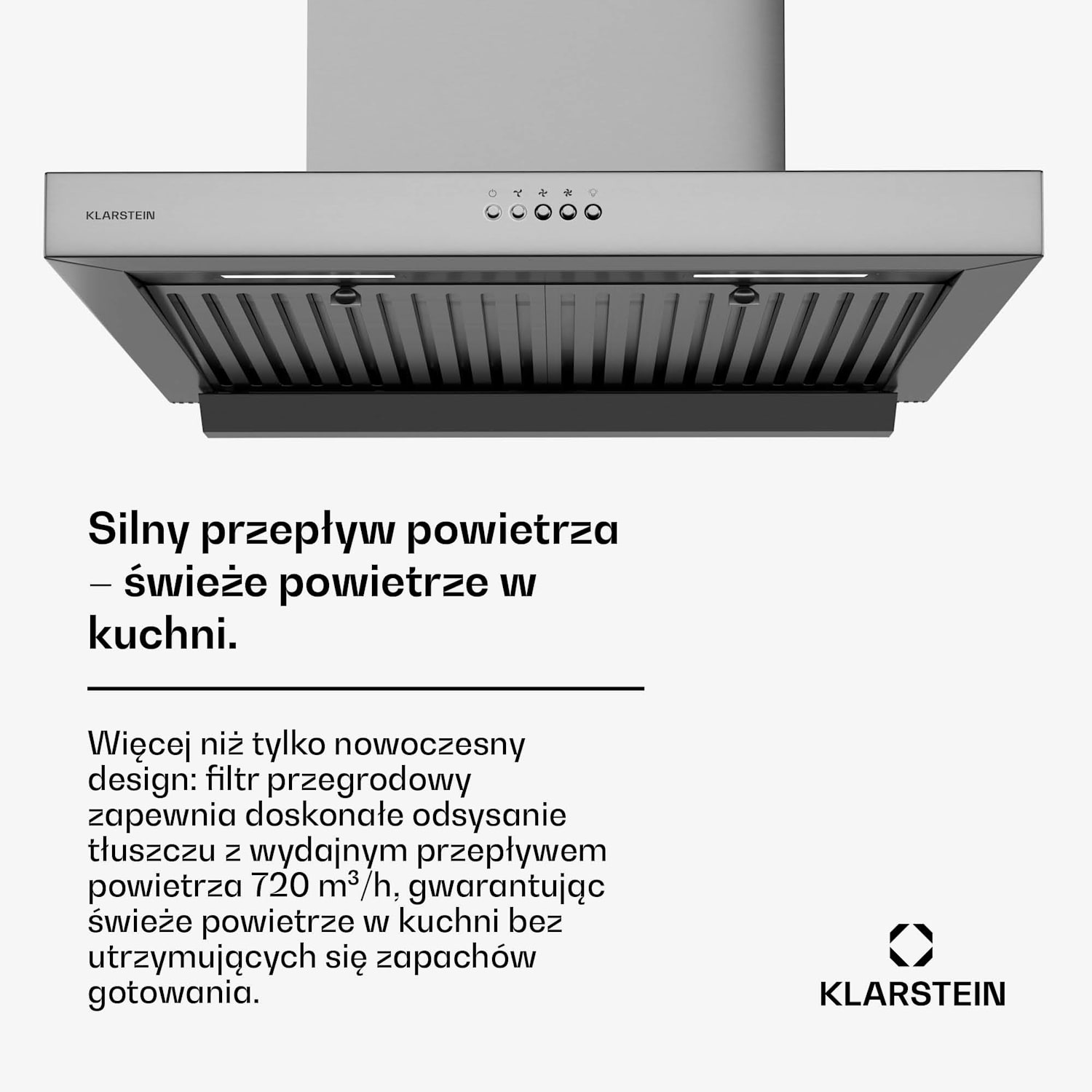 AeroClean okap/wyciąg, 649,9 m³/h, 4 poziomy, EEK A++, tryb otwarty/zamknięty 60 cm | Stal nierdzewna