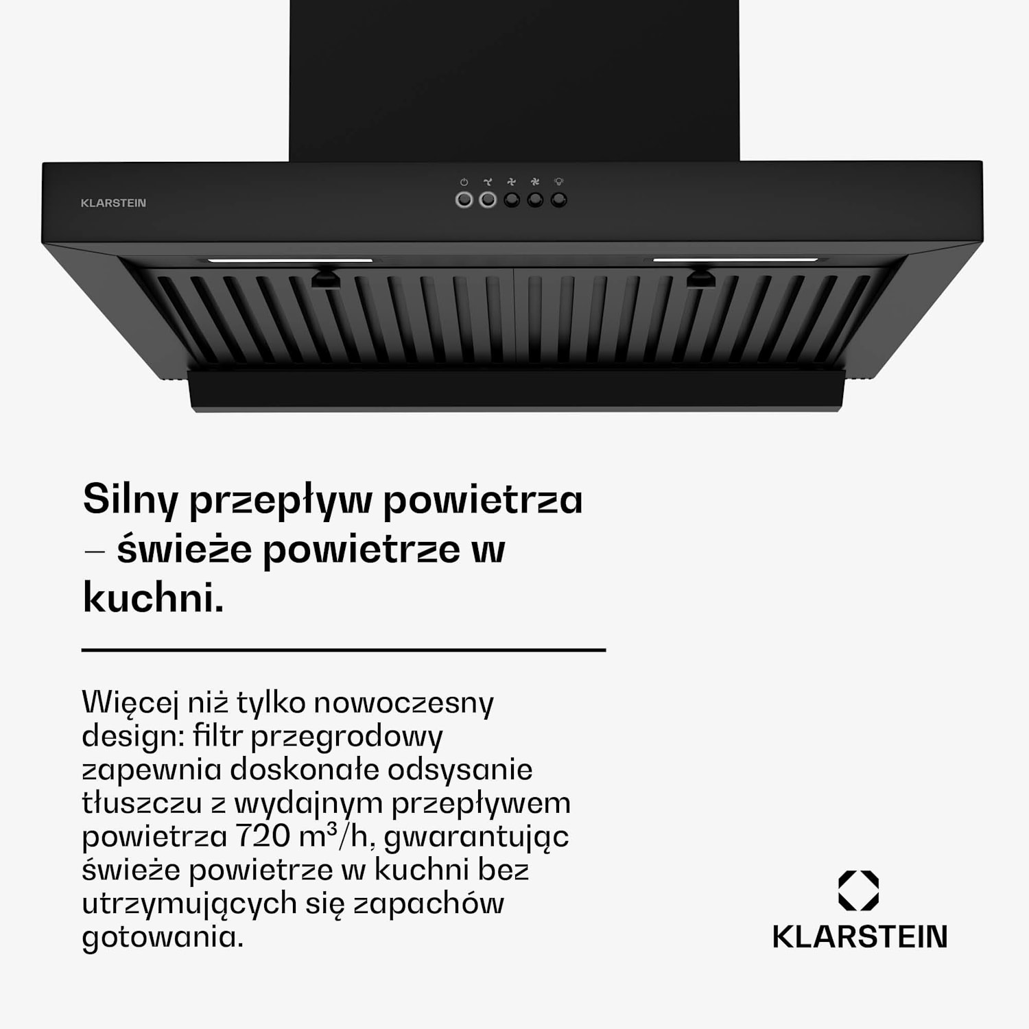AeroClean okap/wyciąg, 649,9 m³/h, 4 poziomy, EEK A++, tryb otwarty/zamknięty 60 cm | Czarny