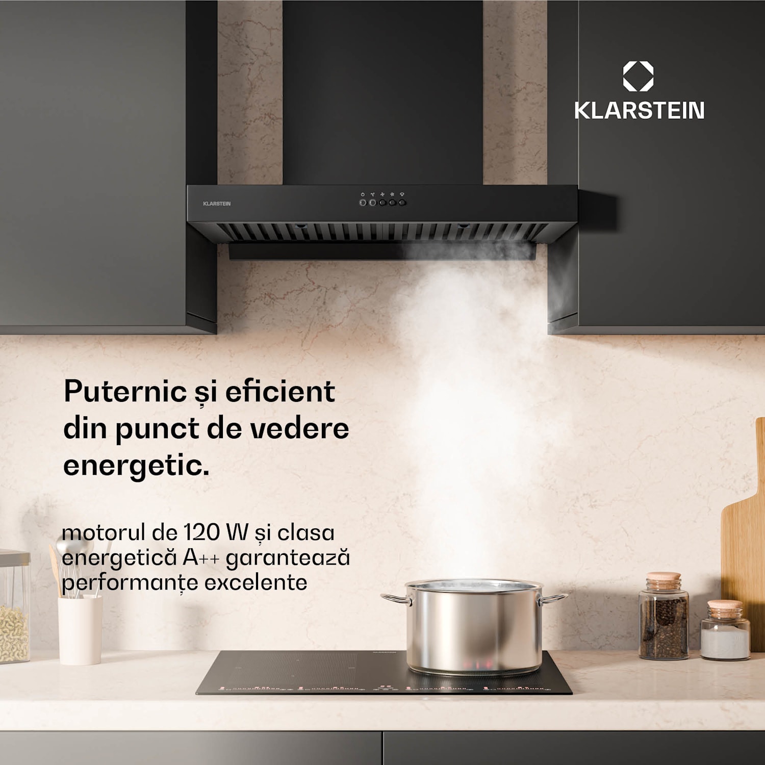 Hota AeroClean, 649,9 m³/h, 4 niveluri, EEK A++, extracție/recirculare 60 cm | Negru