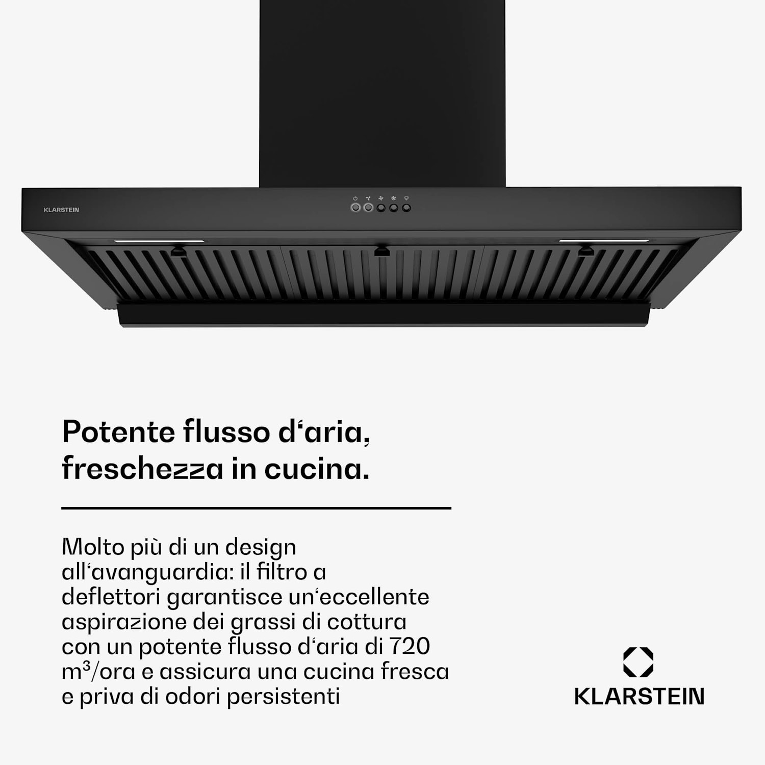 AeroClean - Cappa aspirante | 649,9 m³/ora | 4 livelli | Classe energetica A++ | Scarico/ricircolo 90 cm | Nero