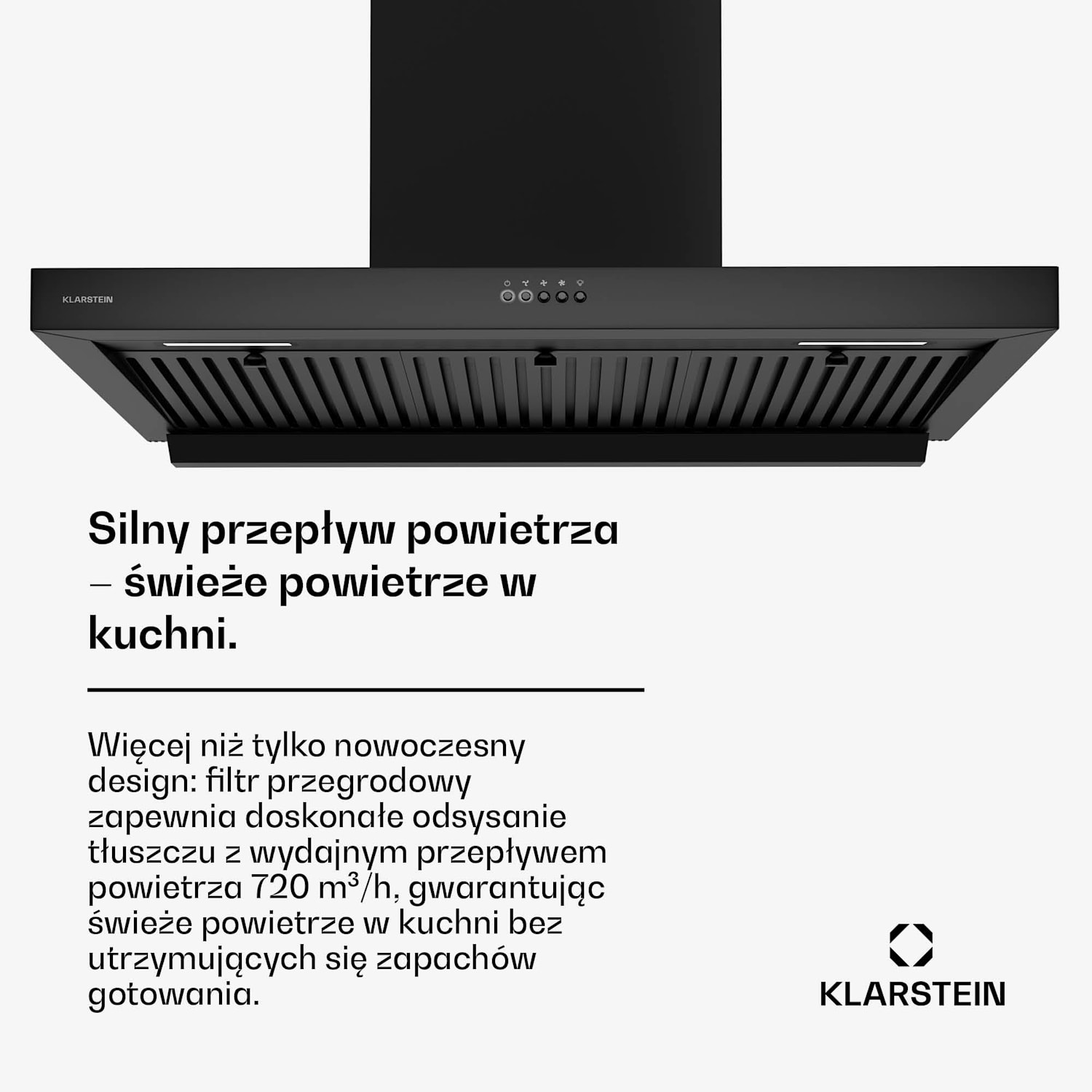 AeroClean okap/wyciąg, 649,9 m³/h, 4 poziomy, EEK A++, tryb otwarty/zamknięty 90 cm | Czarny
