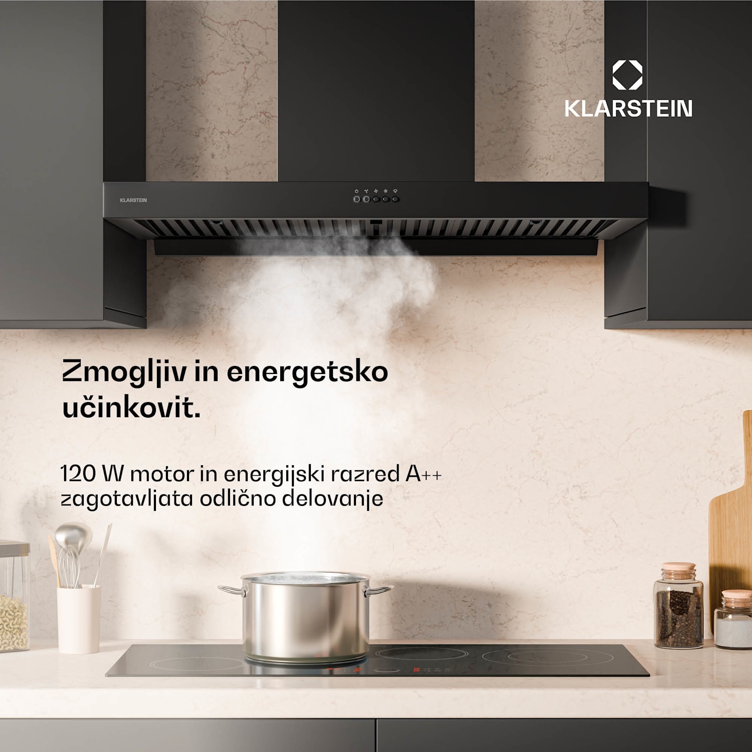 AeroClean kuhinjska napa, 649,9 m³/h, 4 stopnje, EEK A++, odsesavanje/recirkulacija zraka 90 cm | Črna