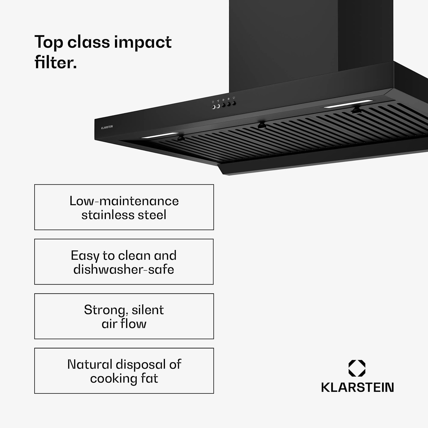 AeroClean-liesituuletin | 649,9 m³/h | 4 tasoa | energiatehokkuusluokka A++ | poistoilma/kiertoilma 90 cm | Musta