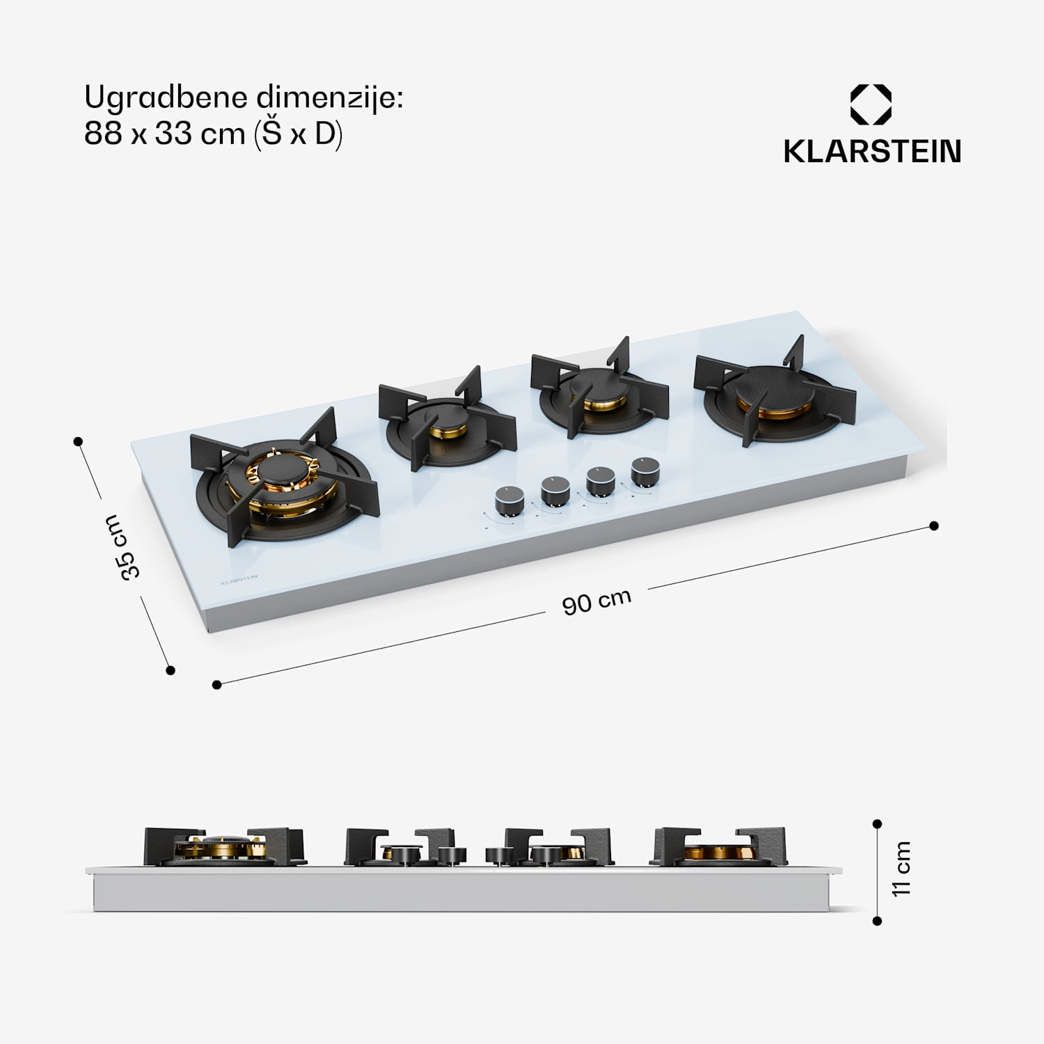 Goldflame 4 Slim plinska ploča za kuhanje, 4 plamenika, za tekući ili prirodni plin, električno paljenje 90 cm Slim | 4 plamenika | Bijela