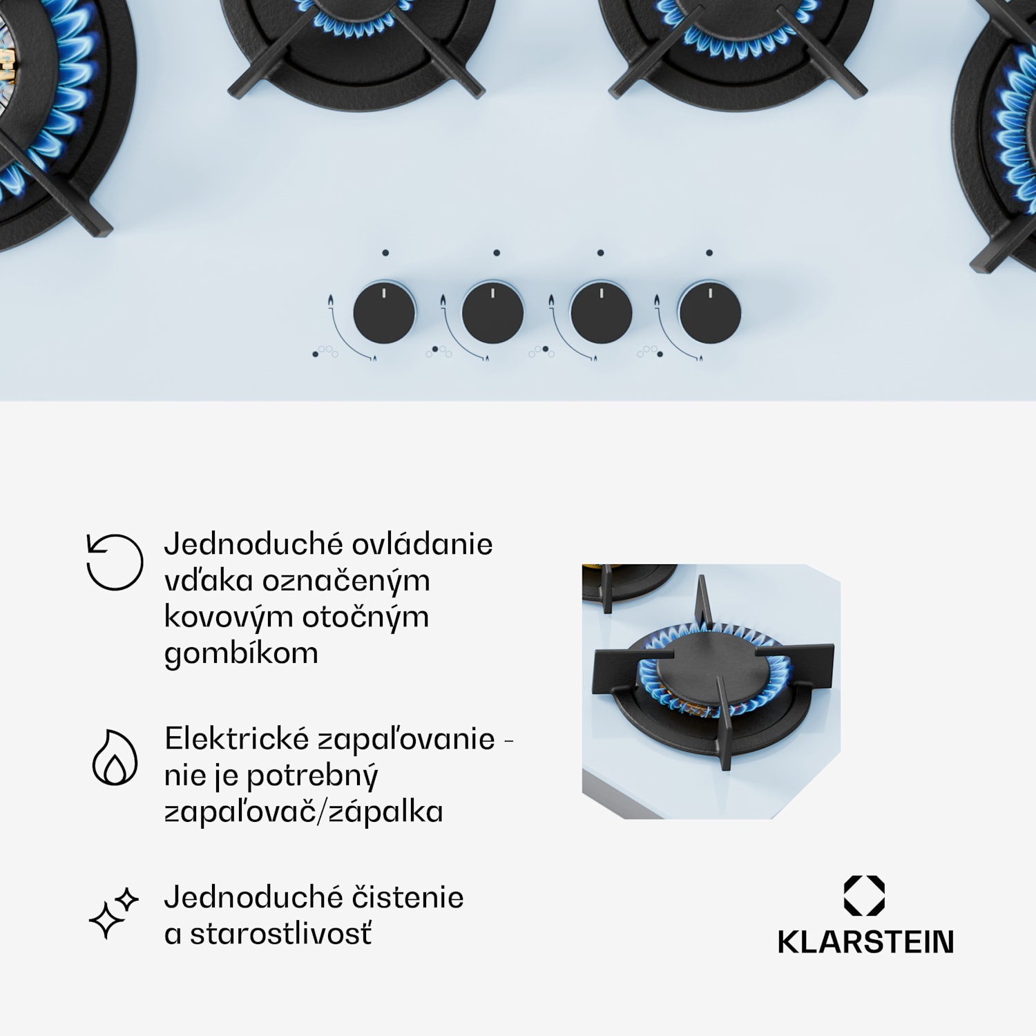 Goldflame 4 Slim plynová varná doska, 4 horáky, na kvapalný alebo zemný plyn, elektrické zapaľovanie 90 cm Slim | 4 horáky | Biela