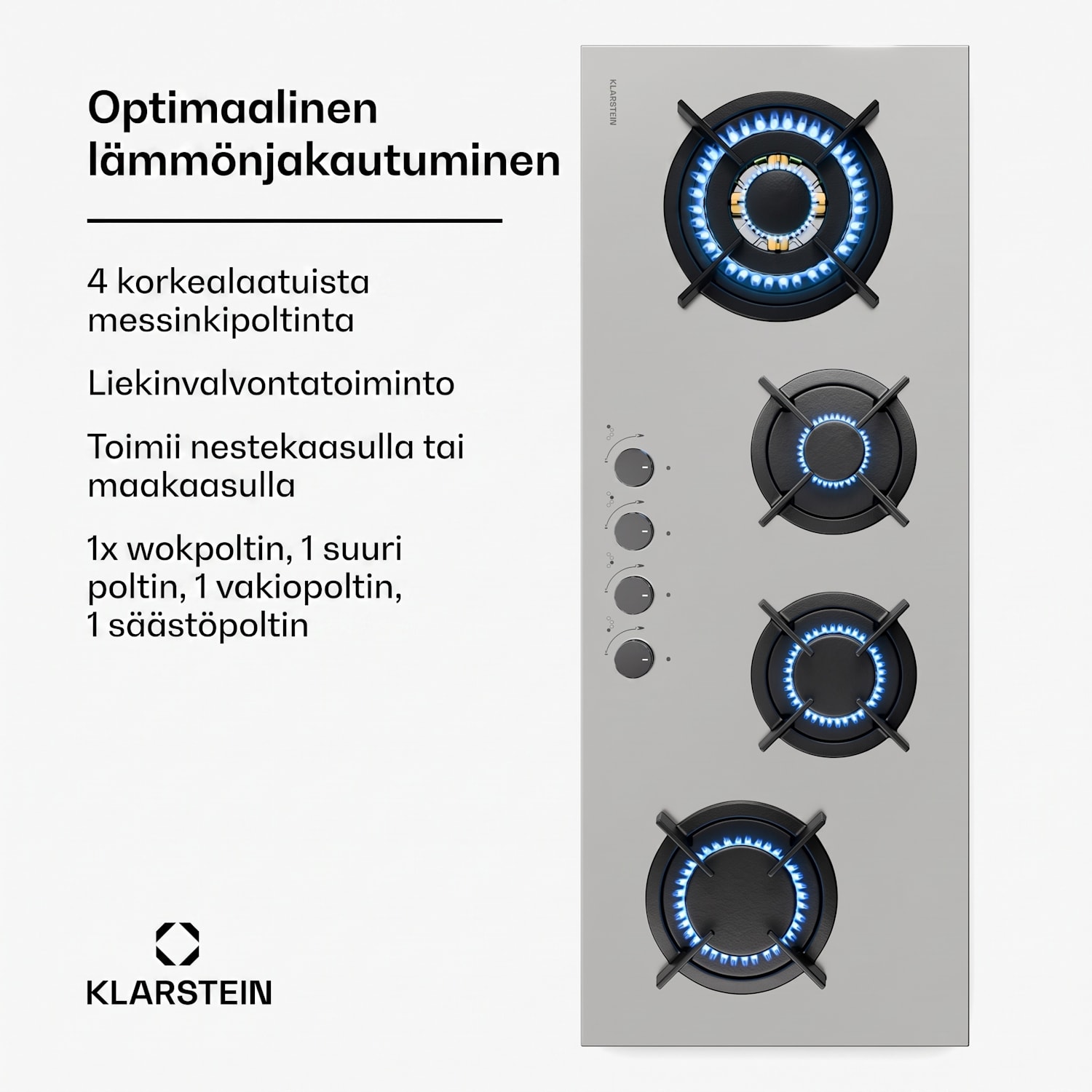 Goldflame 4 Slim -kaasukeittotaso | 4 poltinta | neste- tai maakaasulle | elektroninen sytytys 90 cm Slim | 4 poltinta | Hopea