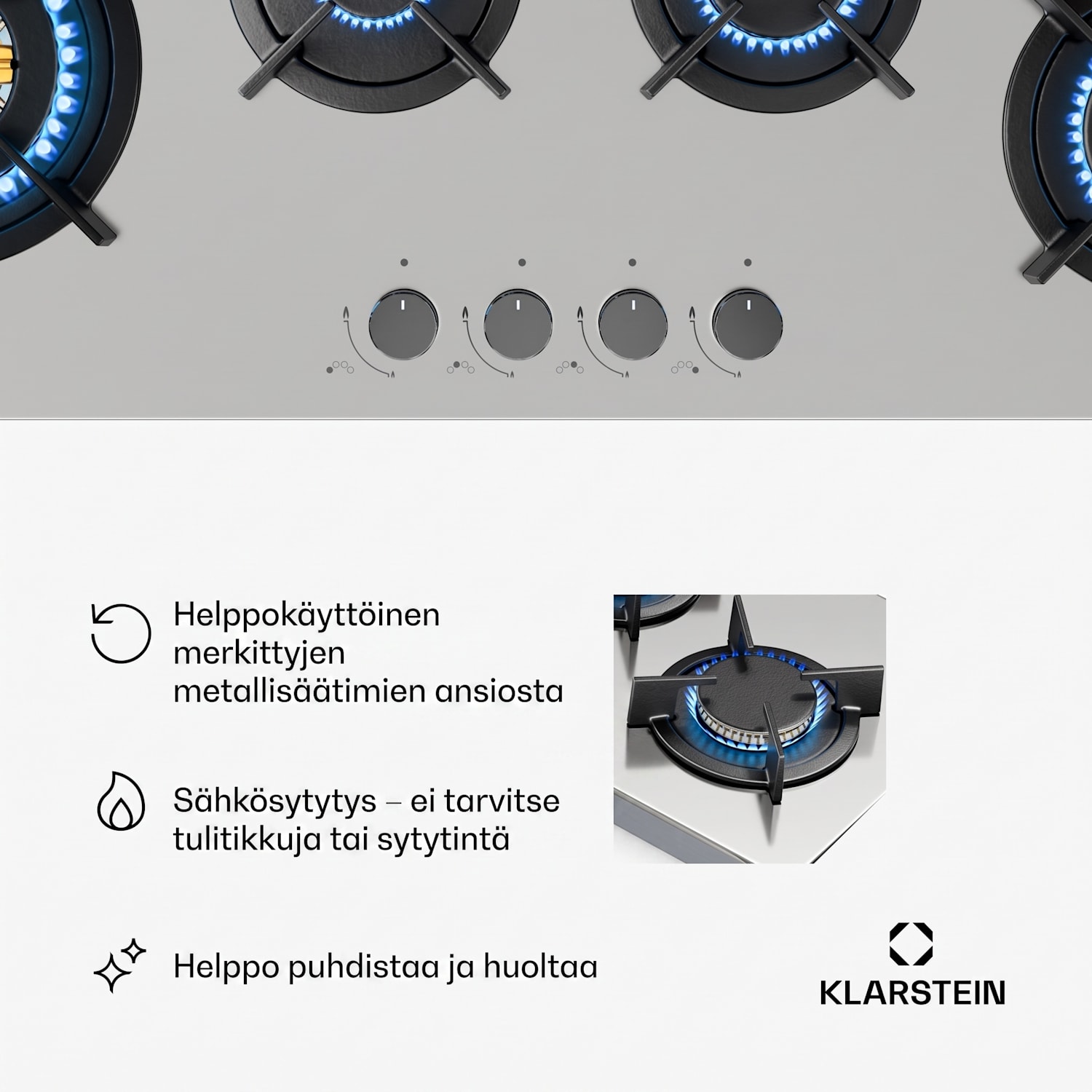 Goldflame 4 Slim -kaasukeittotaso | 4 poltinta | neste- tai maakaasulle | elektroninen sytytys 90 cm Slim | 4 poltinta | Hopea