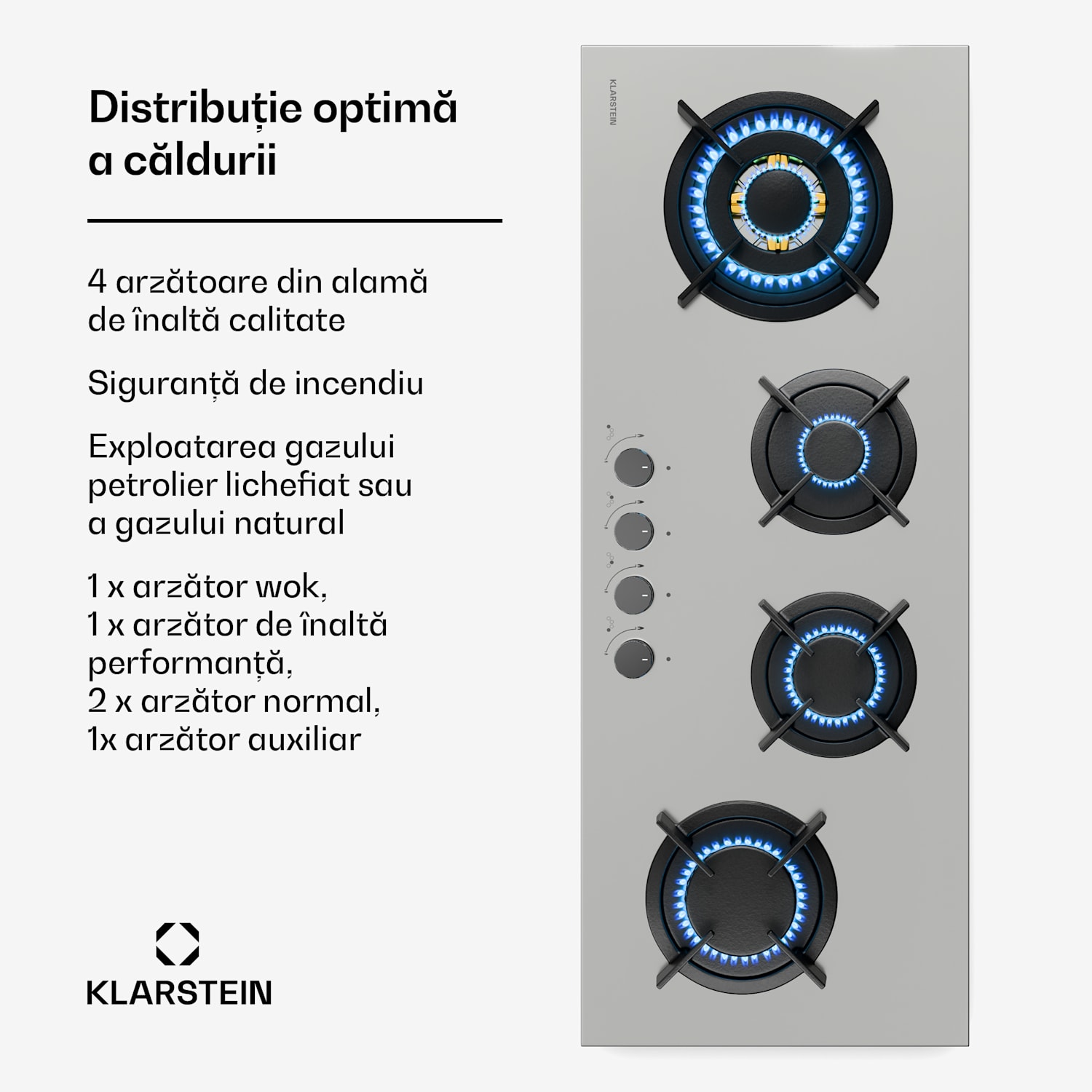 Plită pe gaz Goldflame 4 Slim, 4 arzătoare, pentru gaz lichid sau natural 90 cm Slim | 4 arzatoare | Argintiu