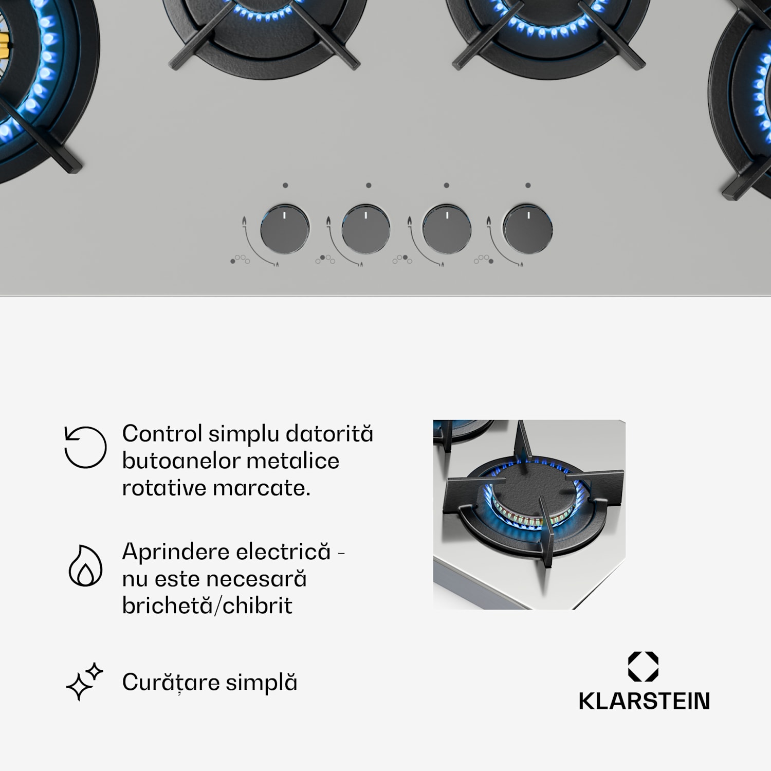 Plită pe gaz Goldflame 4 Slim, 4 arzătoare, pentru gaz lichid sau natural 90 cm Slim | 4 arzatoare | Argintiu