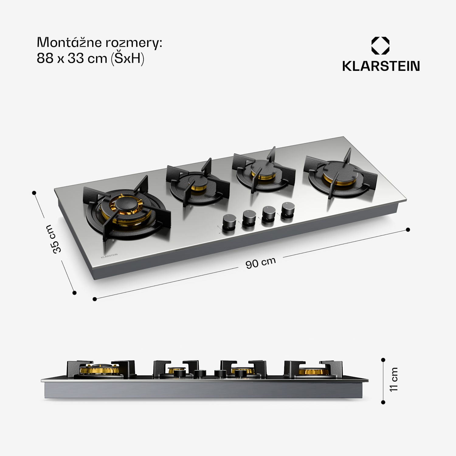 Goldflame 4 Slim plynová varná doska, 4 horáky, na kvapalný alebo zemný plyn, elektrické zapaľovanie 90 cm Slim | 4 horáky | Strieborná