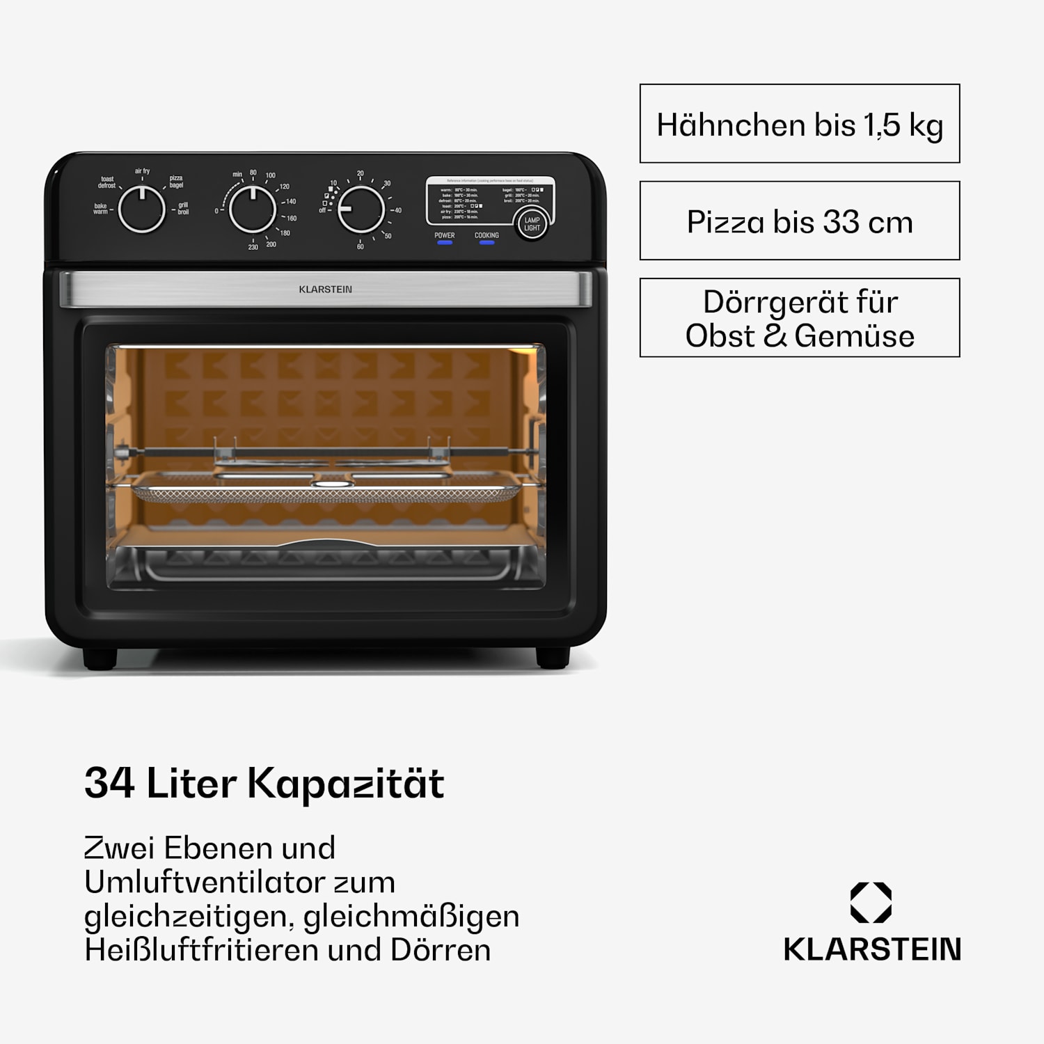 Air Glaze Heißluftfritteuse | 2000 Watt | 34 Liter | Panoramafenster | inkl. Zubehörset Mechanisch | Schwarz