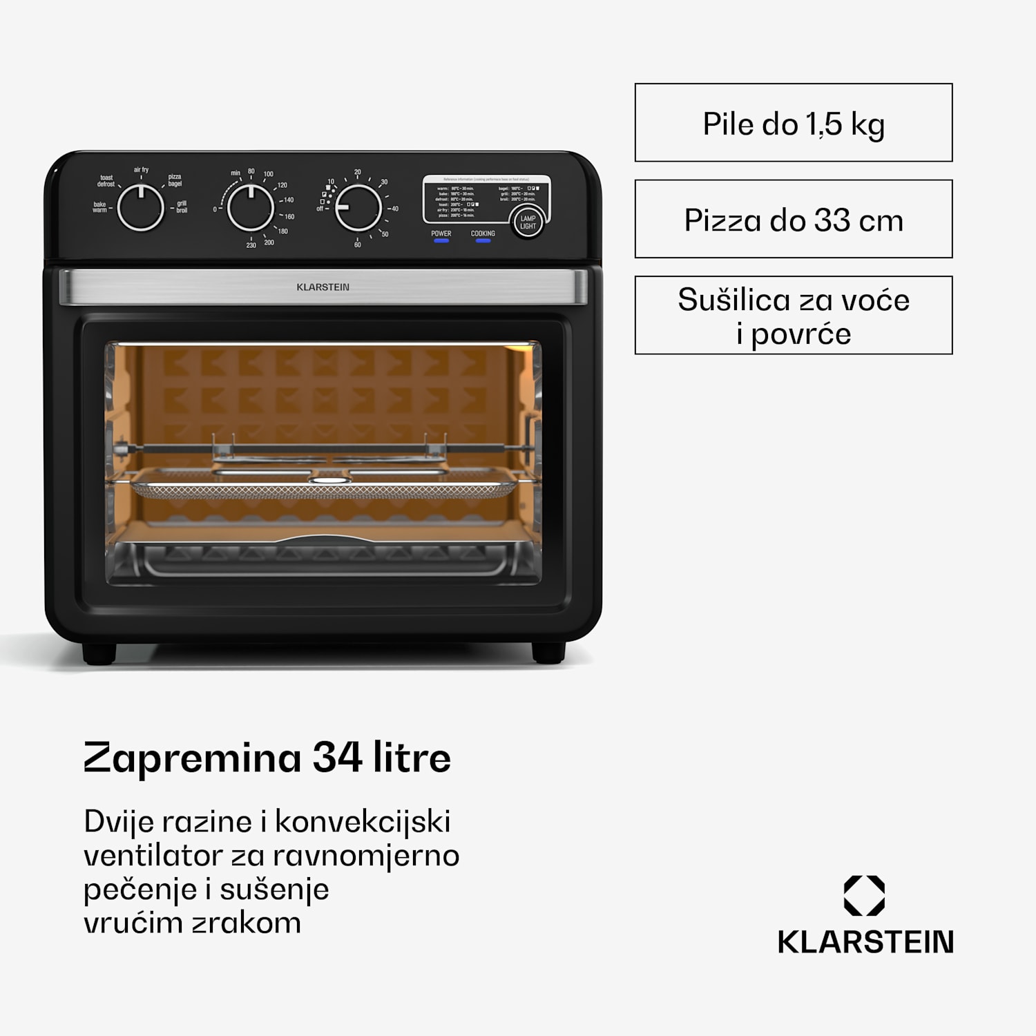 Air Glaze friteza na vrući zrak, 2000 W, 34 litre, panoramski prozor, uključujući set pribora Mehanički | Crna