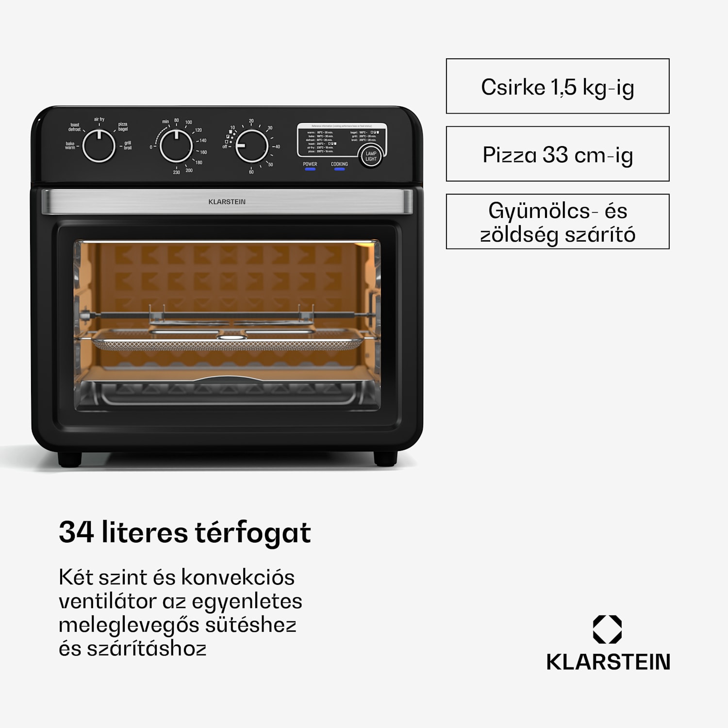 Air Glaze forrólevegős sütő, 2000 W, 34 liter, panorámaablak, tartozékkészlettel együtt Mechanikus | Fekete