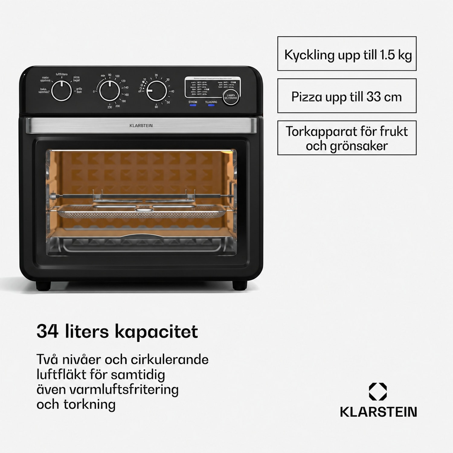 Air Glaze varmluftsfritös | 2 000 watt | 34 liter | panoramafönster | inkl. tillbehörssats Mekanisk | Svart