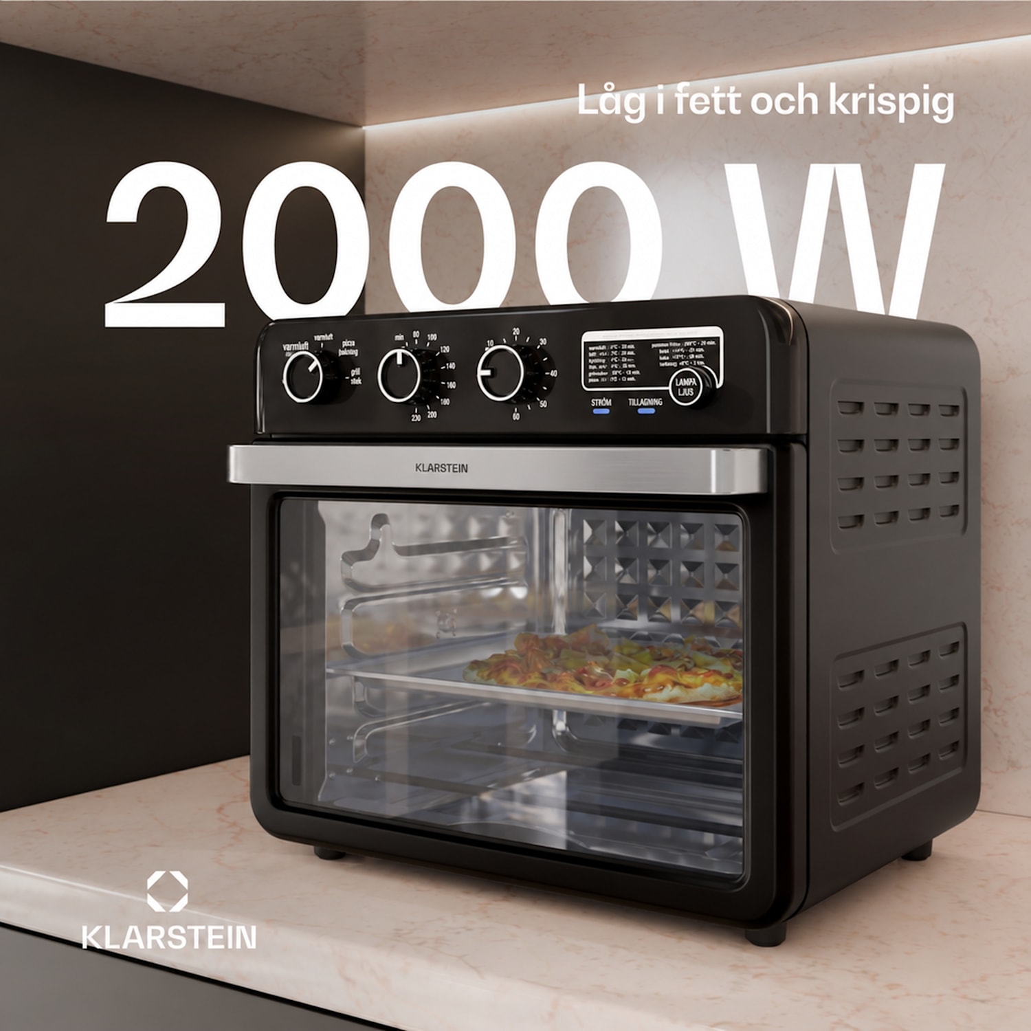 Air Glaze varmluftsfritös | 2 000 watt | 34 liter | panoramafönster | inkl. tillbehörssats Mekanisk | Svart