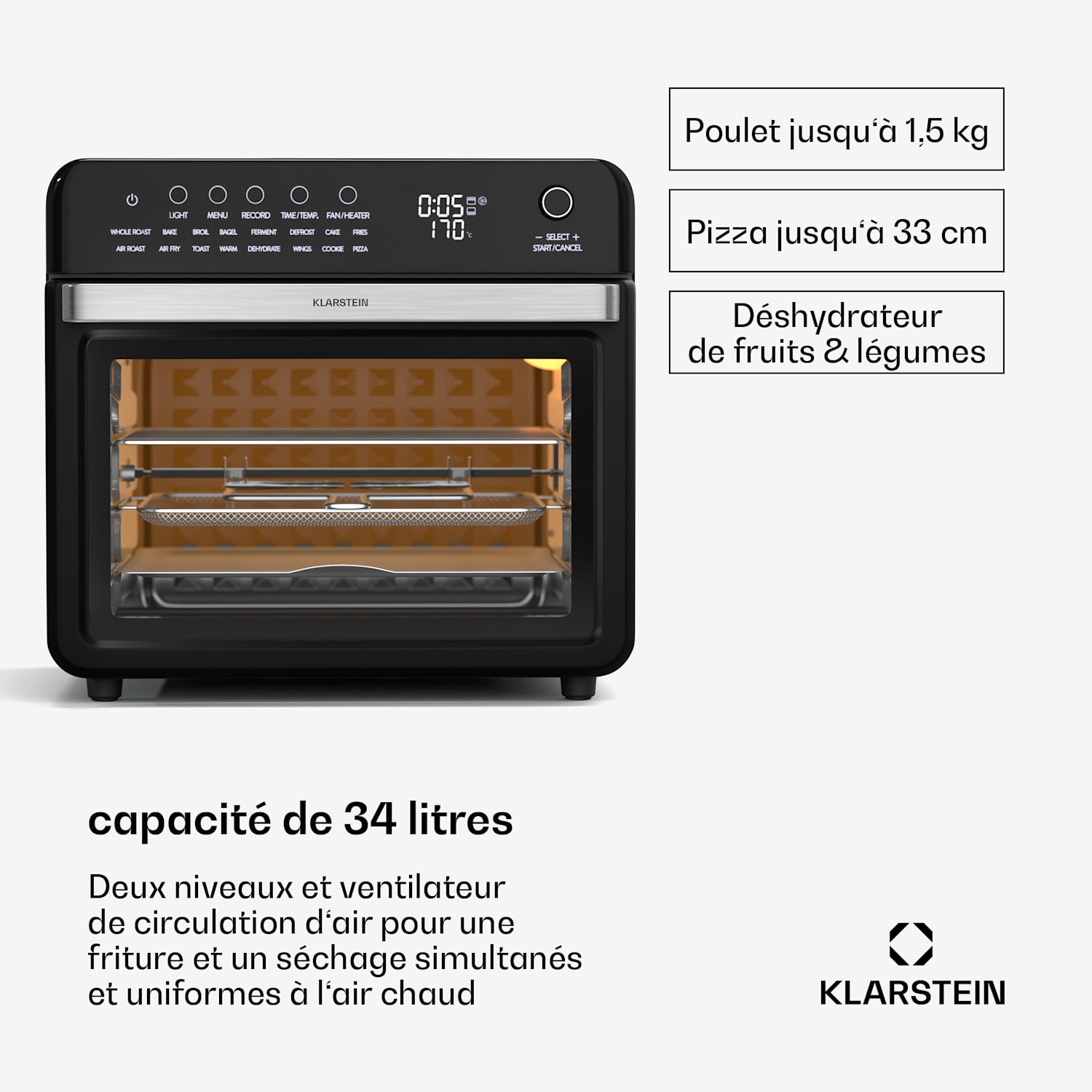AirGlaze Digital friteuse à air chaud | 2100 W | 16 programmes | Application | 34 litres | avec un ensemble d'accessoires Numérique | Noir