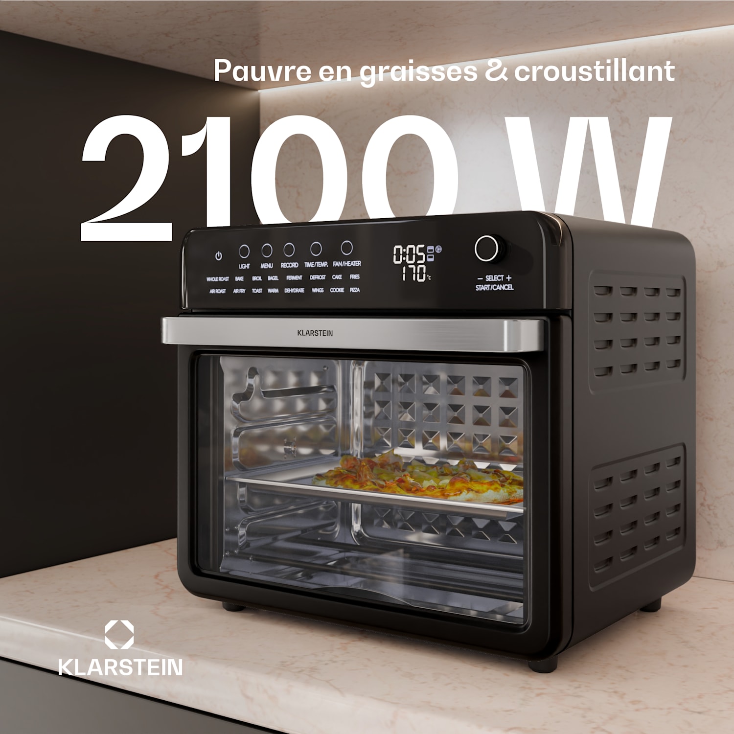 AirGlaze Digital friteuse à air chaud | 2100 W | 16 programmes | Application | 34 litres | avec un ensemble d'accessoires Numérique | Noir