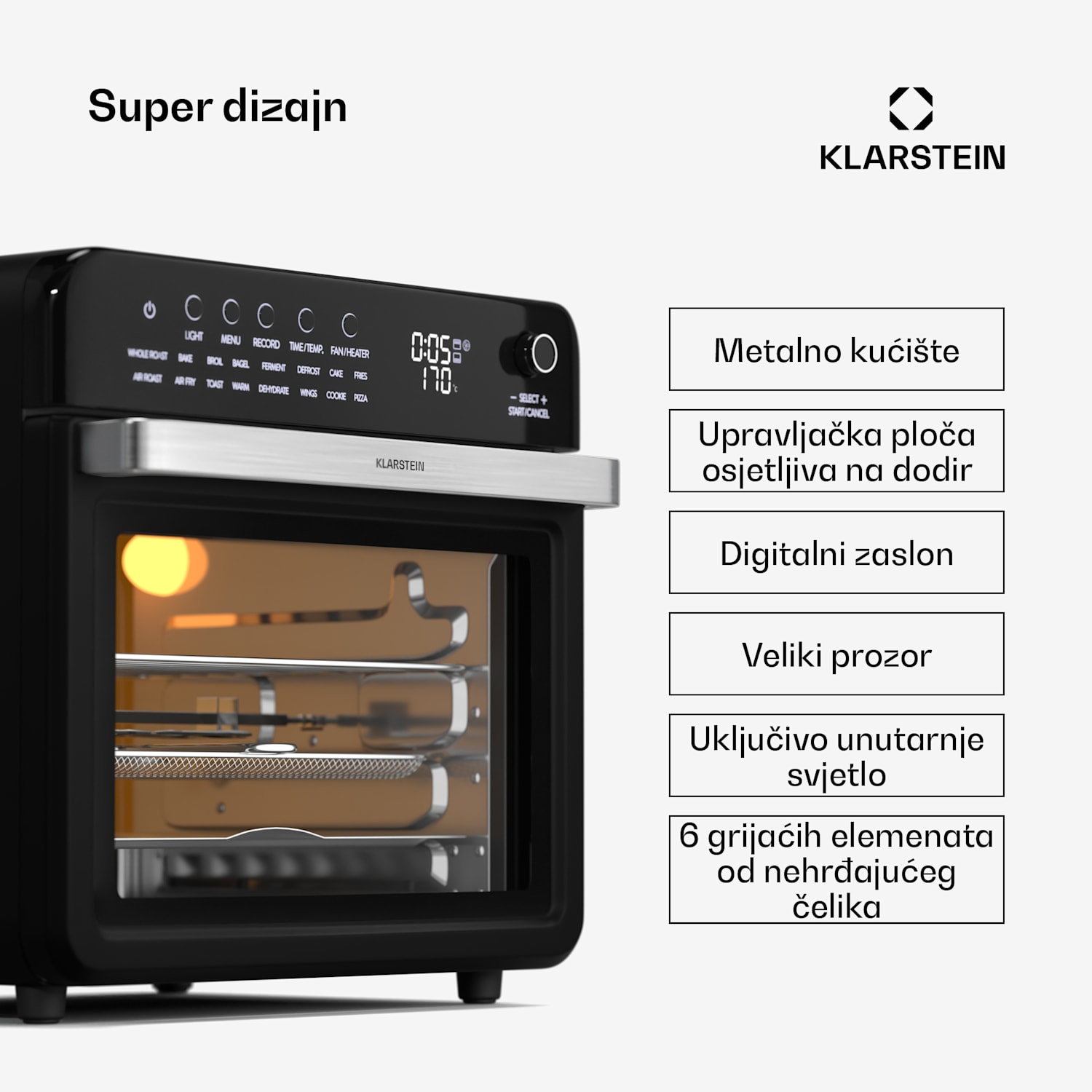 Air Glaze Digitalna friteza na vrući zrak, 2100 W, 16 programa, primjena, 34 litre, uključujući set pribora digitalni | Crna