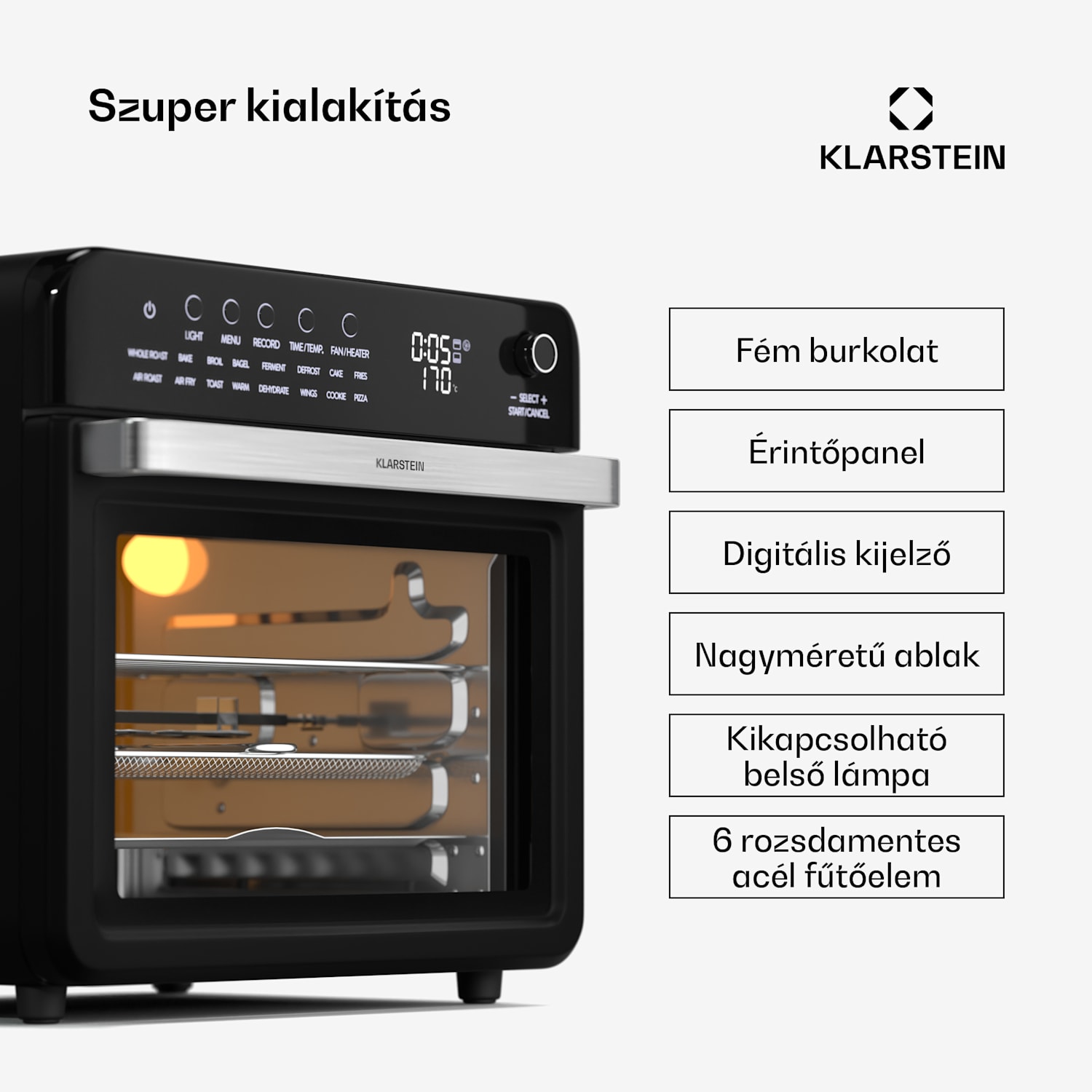 Air Glaze Digital forrólevegős fritőz, 2100 W, 16 program, alkalmazás, 34 liter, tartozékkészlettel együtt 