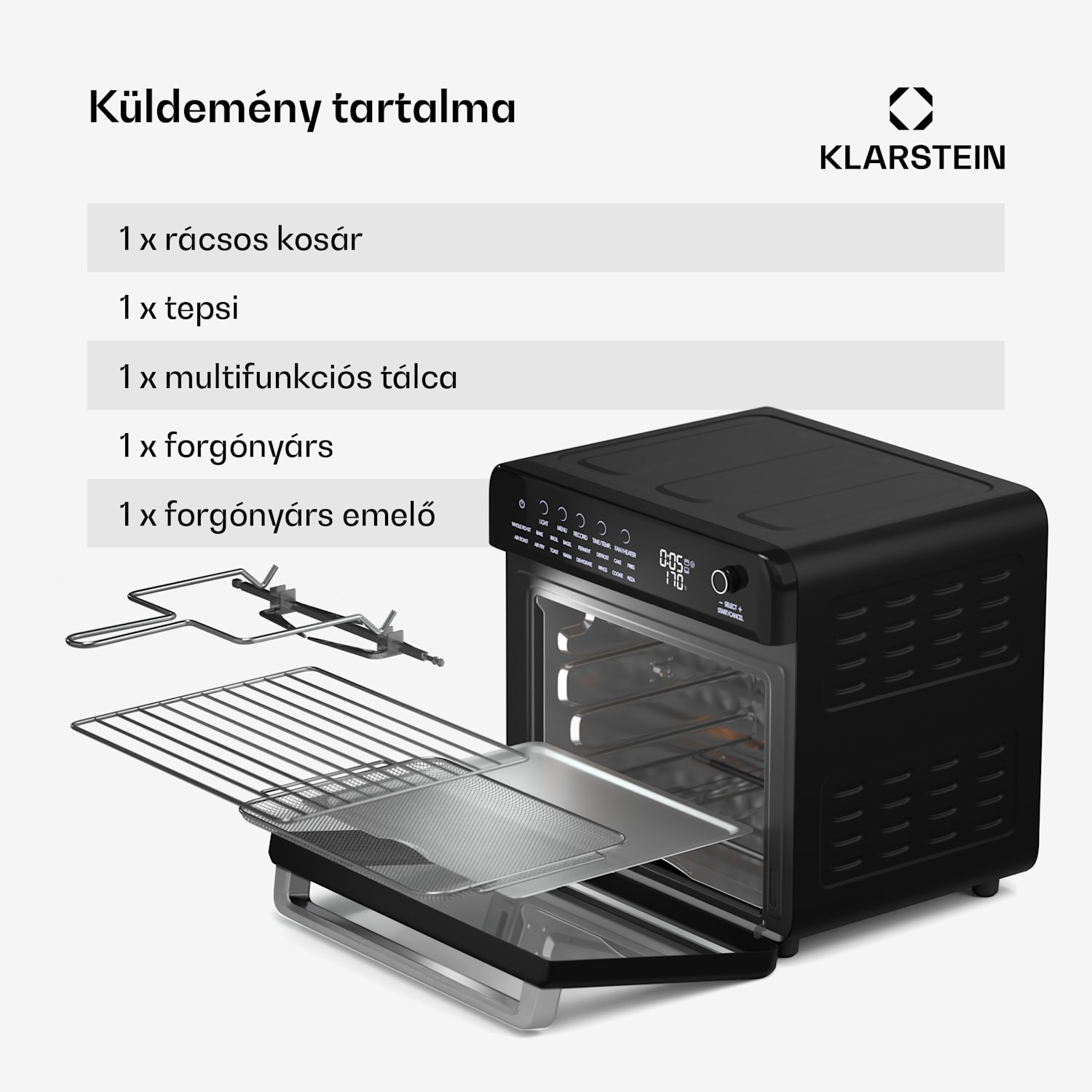 Air Glaze Digital forrólevegős fritőz, 2100 W, 16 program, alkalmazás, 34 liter, tartozékkészlettel együtt 